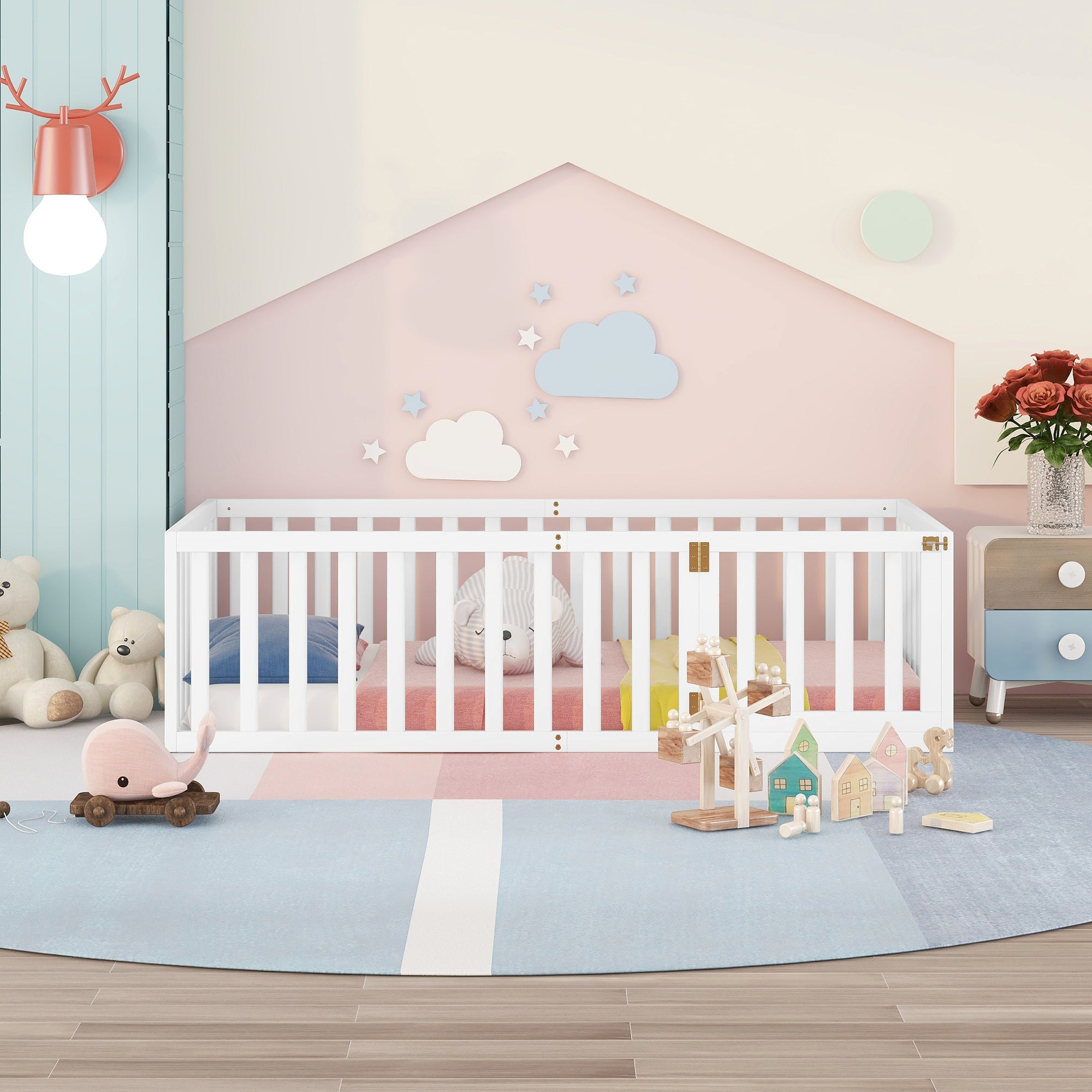 Twin Size Wood Floor Bed Frame with Fence and Door