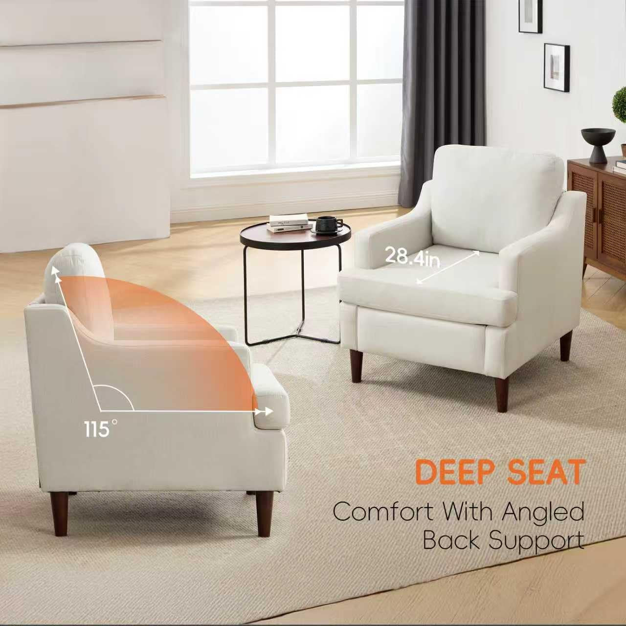 White armchair with deep seat design in a living room setting, highlighting comfort and support.