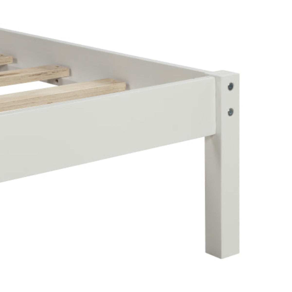 White metal bed frame with wooden slats on a white background