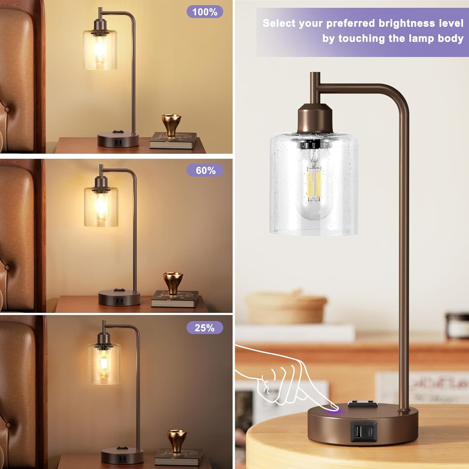 Table lamp with adjustable brightness control on a wooden surface.