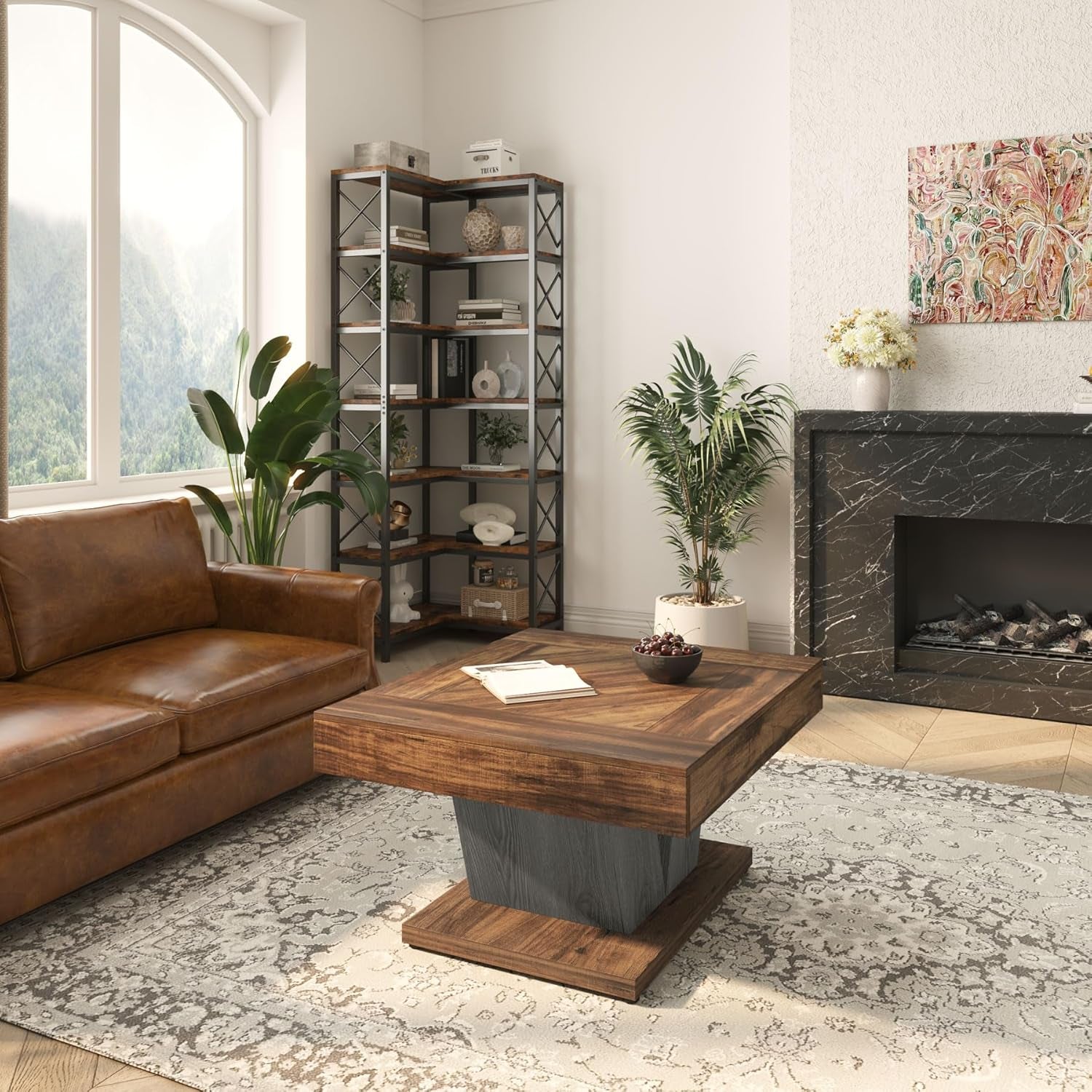 Living room with brown leather sofa, wooden coffee table, and decorative elements.