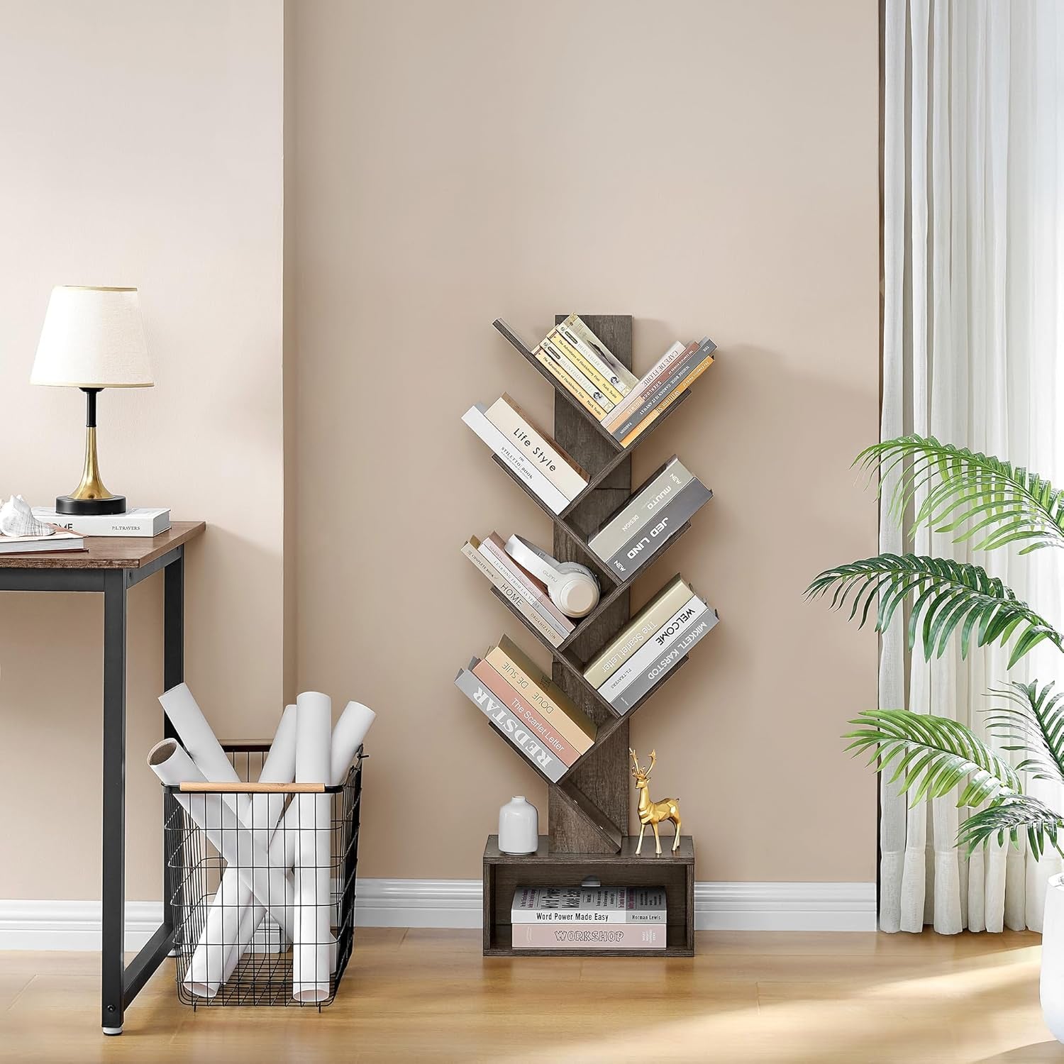 6 Tier Tree Bookshelf Bookcase With Drawer Grey Office-1