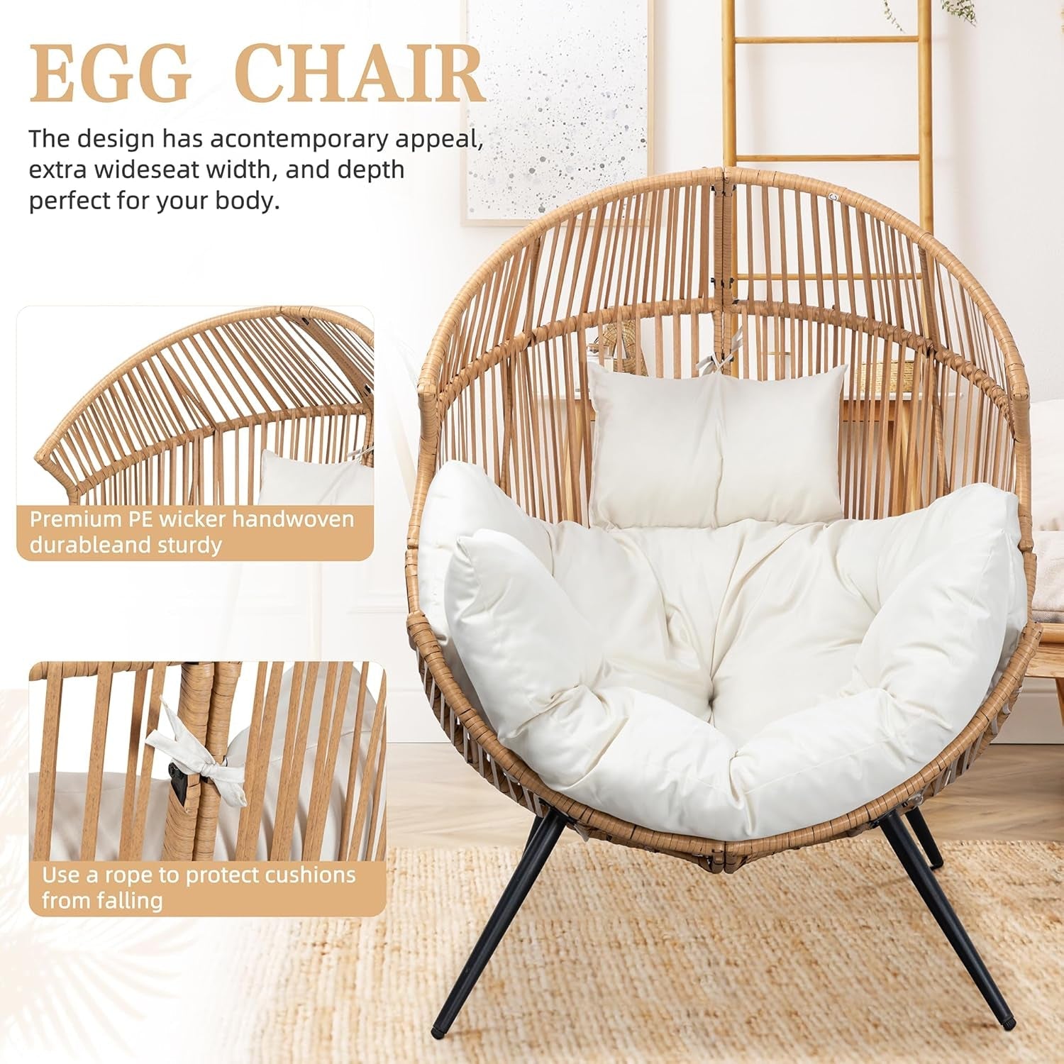 Wicker egg chair with white cushions on a wooden floor, text describing features.