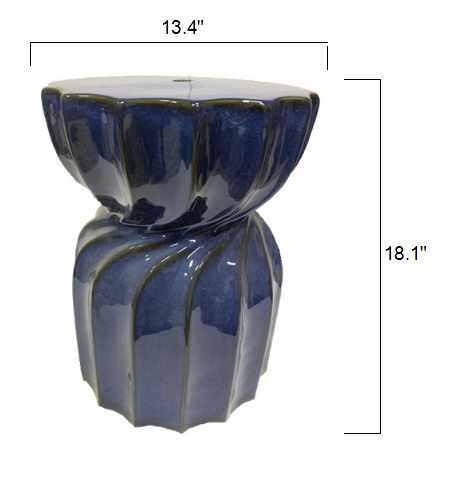 Blue ceramic planter with dimensions on a white background
