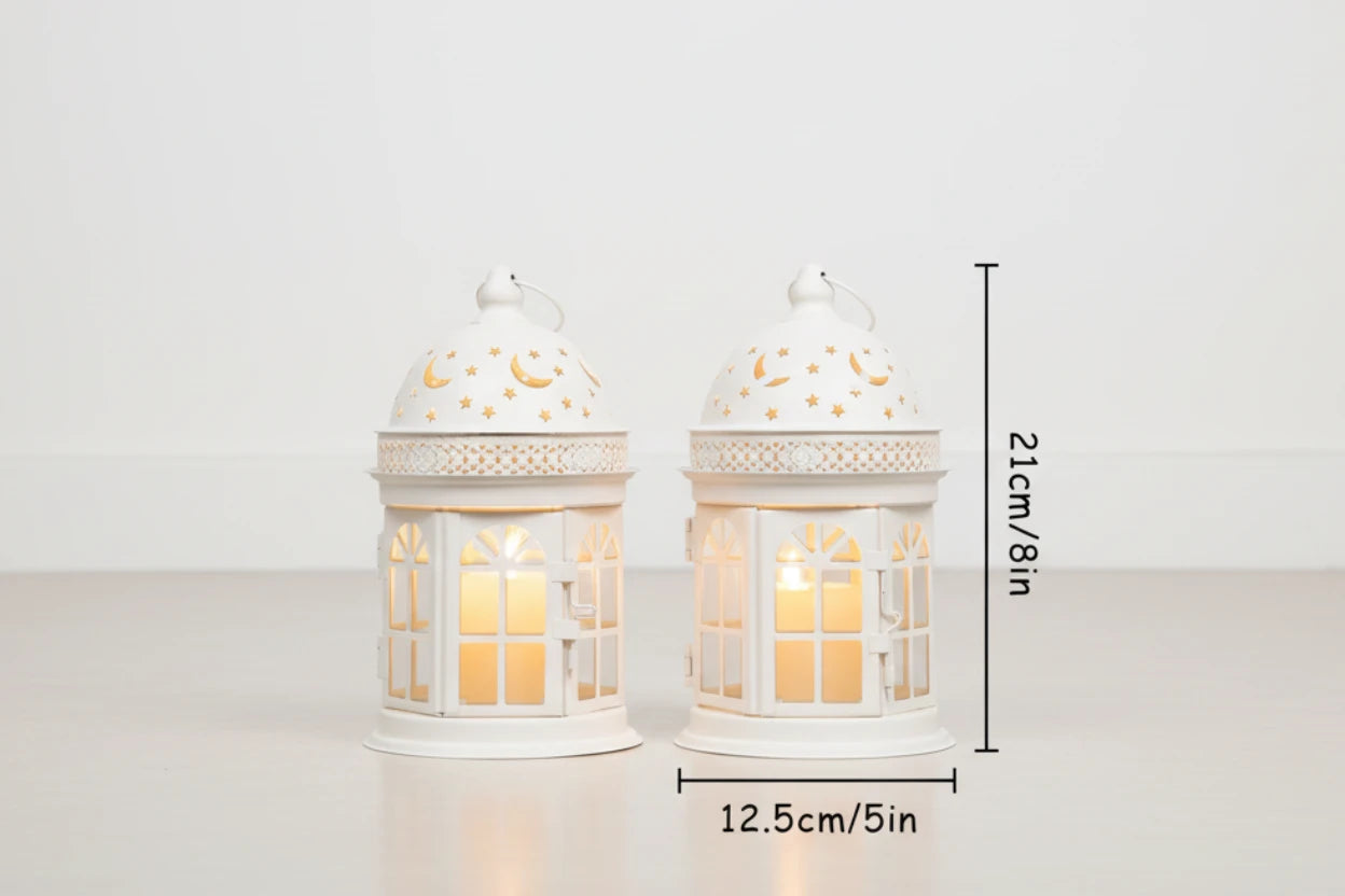 Two decorative lanterns with star and moon designs, illuminated from within, on a white background with dimensions displayed.