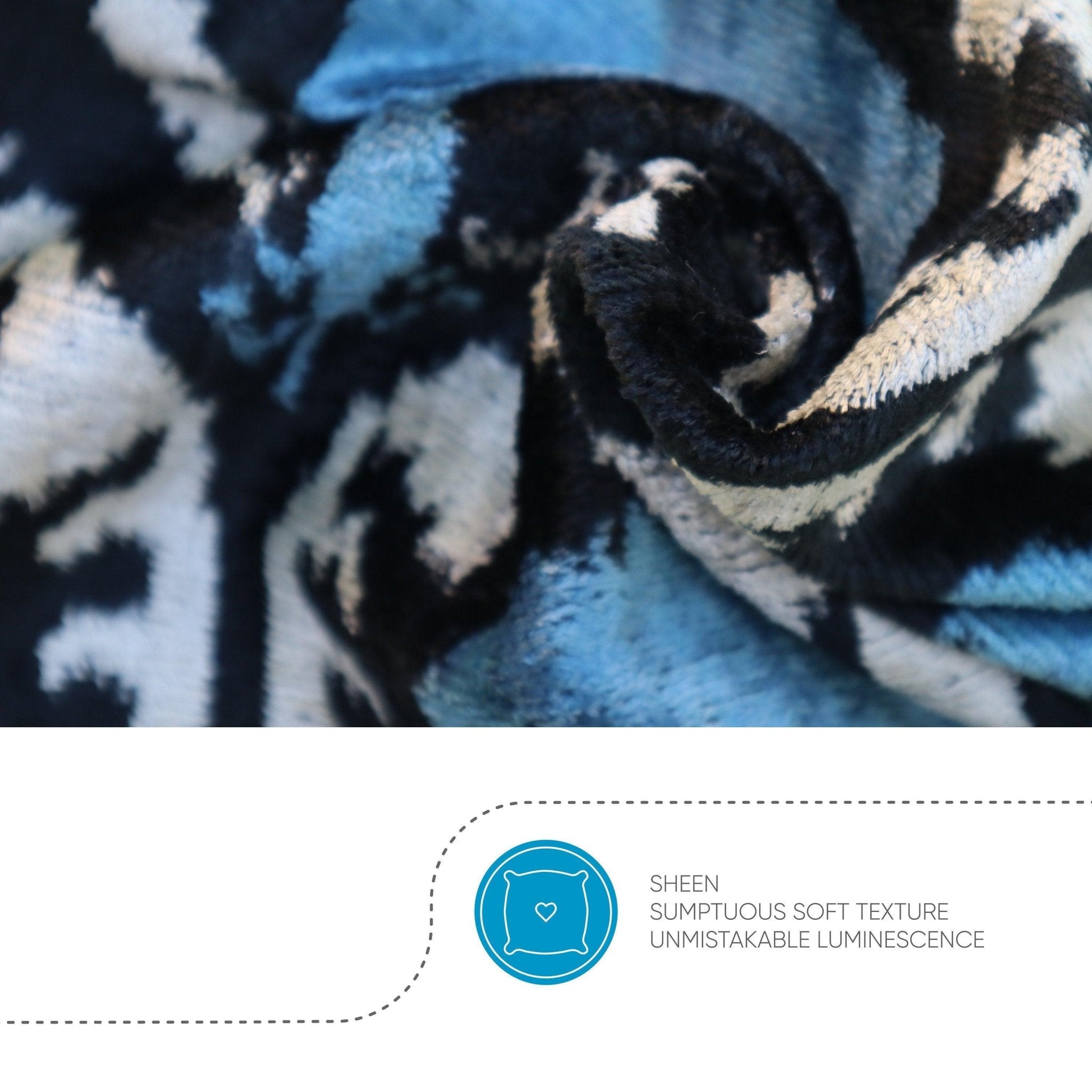Close-up of a plush blanket with blue, black, and white pattern, featuring text about texture and sheen.