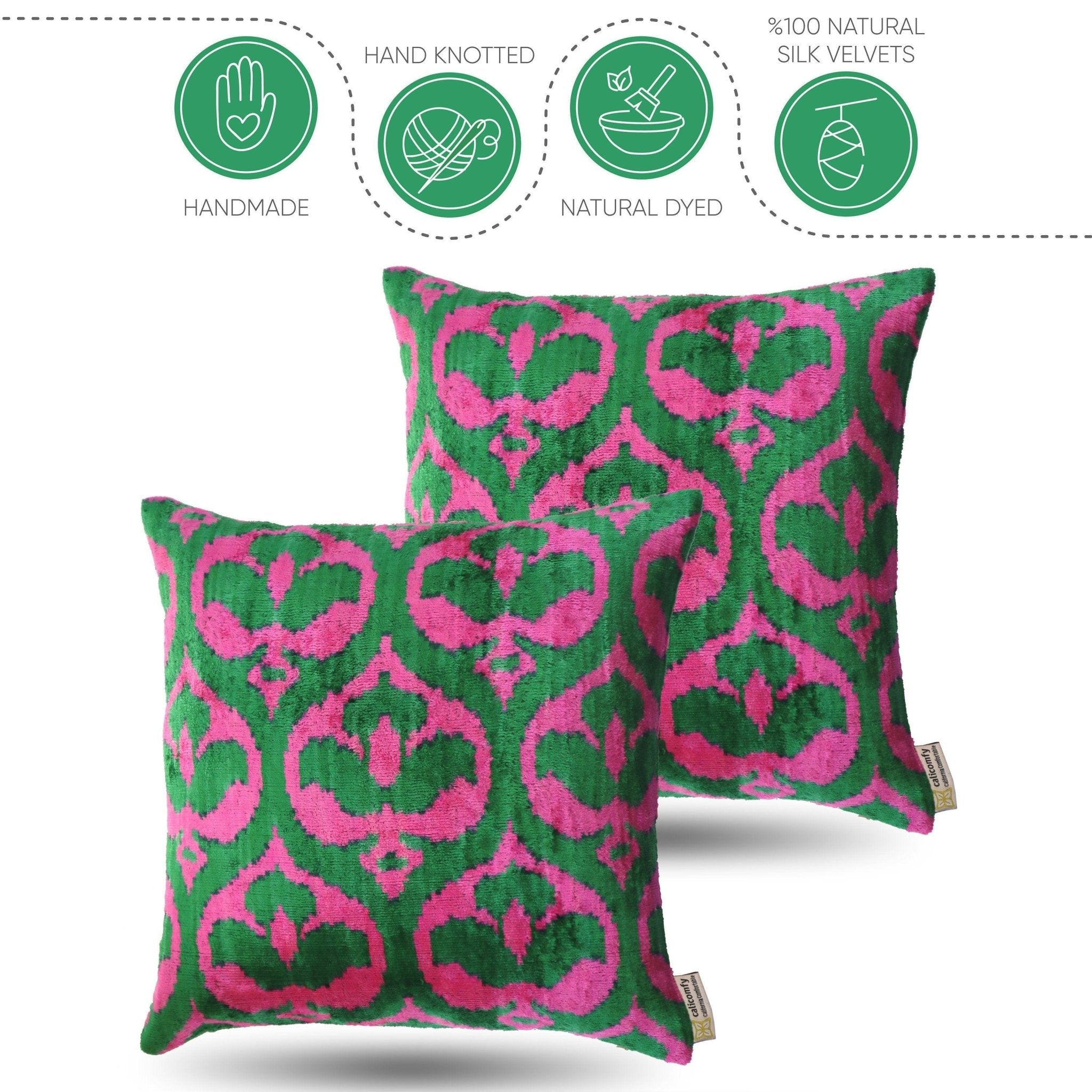 Green and pink patterned pillows with certification icons on a white background