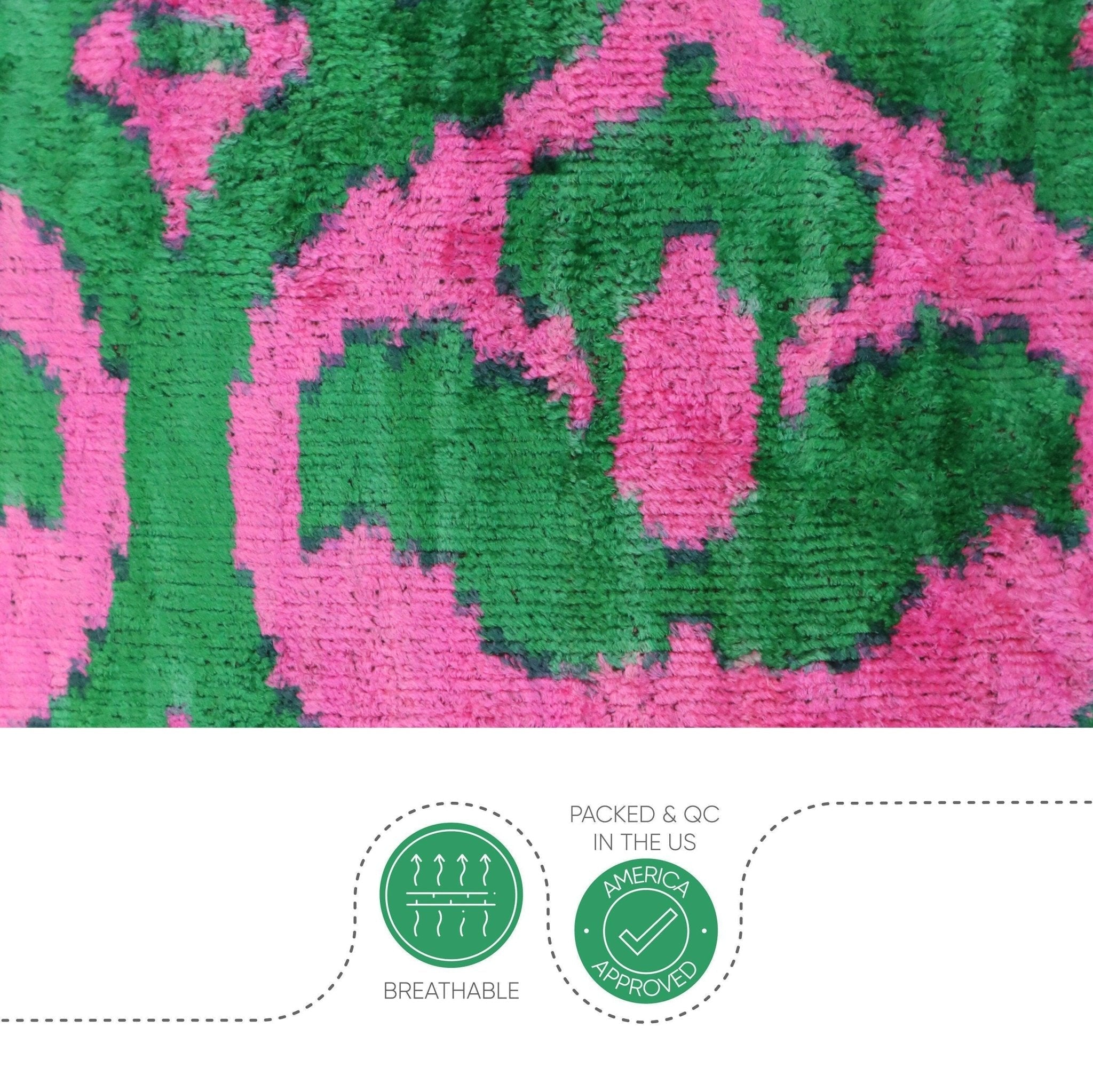 Textile pattern with pink and green colors and certification logos at the bottom.