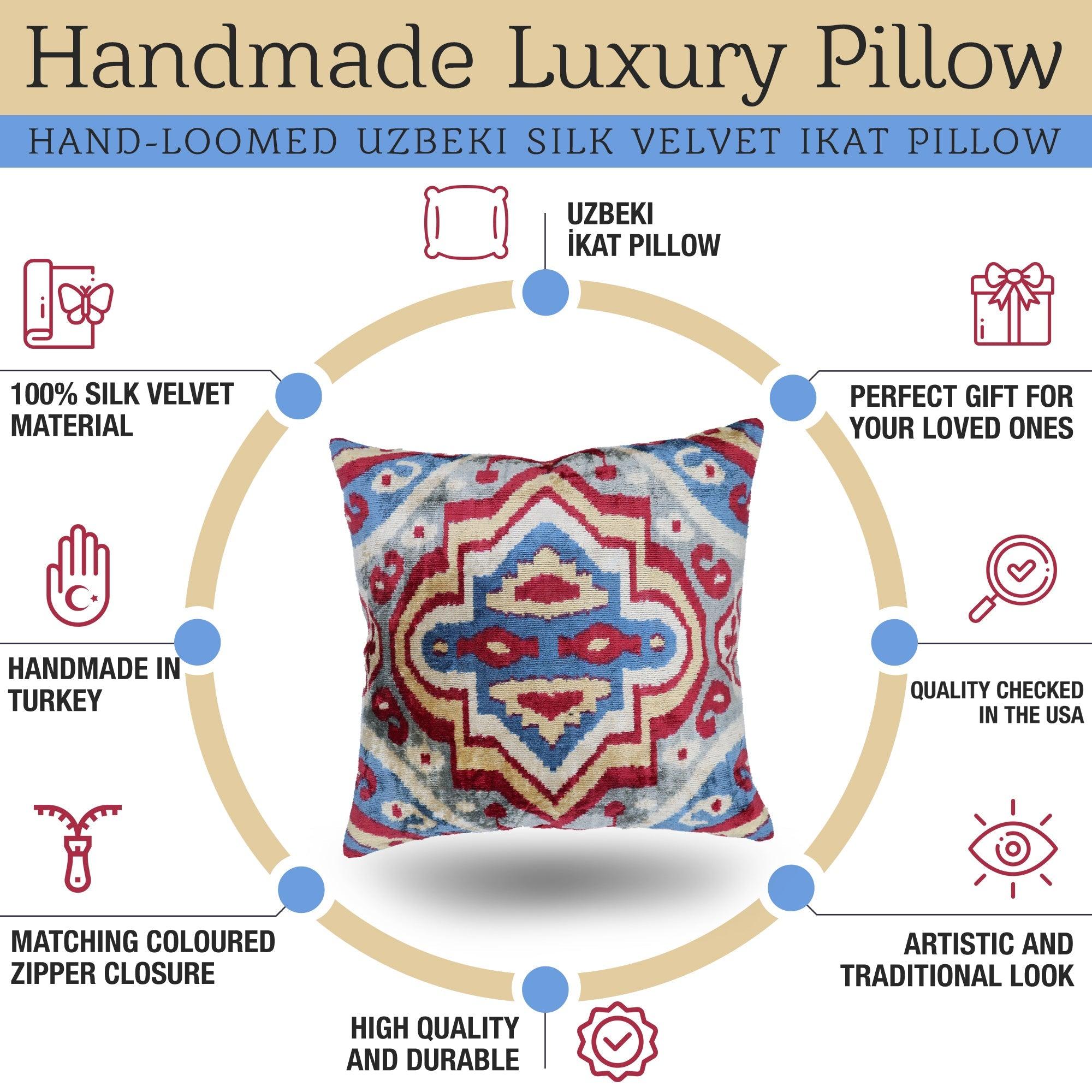 Handmade luxury pillow with colorful ikat design, surrounded by features of the product.