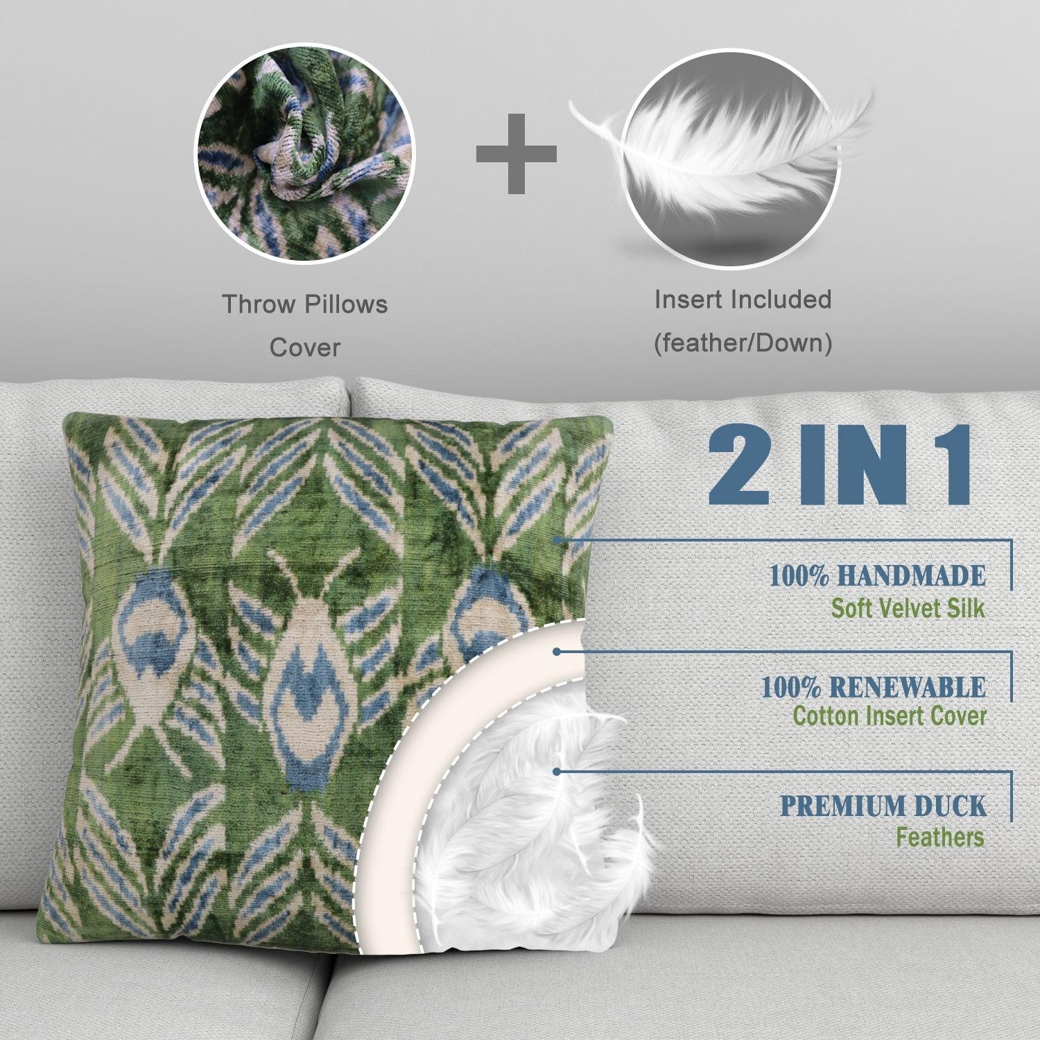 Decorative pillow with green and blue pattern on a gray sofa, featuring an insert included and highlighting features like '2 IN 1' and 'Premium Duck Feathers'.
