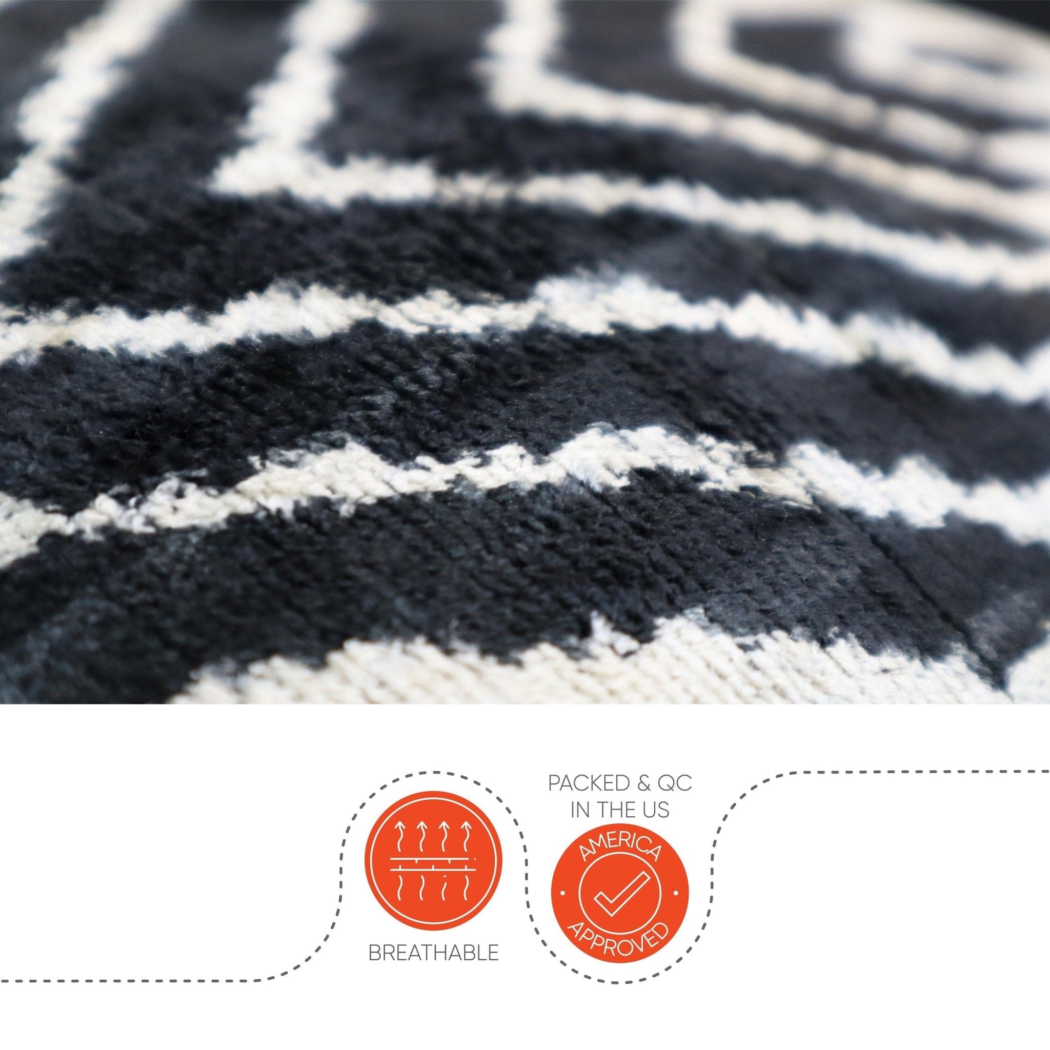 Close-up of a textured fabric with geometric pattern and certification logos at the bottom.