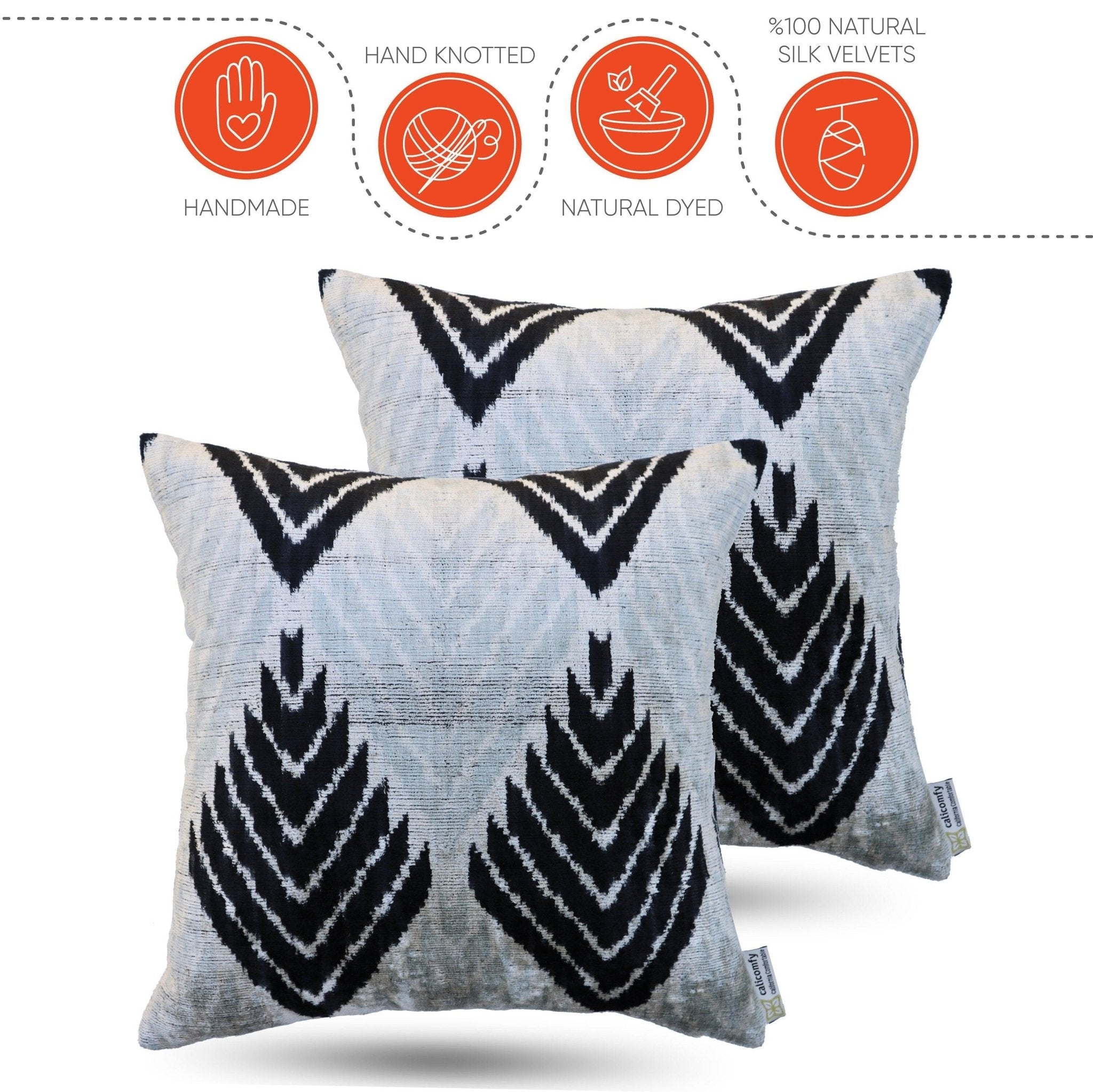 Two decorative pillows with black geometric patterns on a white background, featuring icons and text about product attributes.