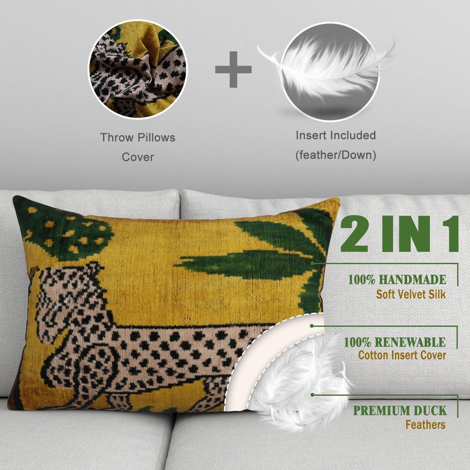 Decorative pillow with leopard print on a white couch, featuring a feather insert and cotton cover.