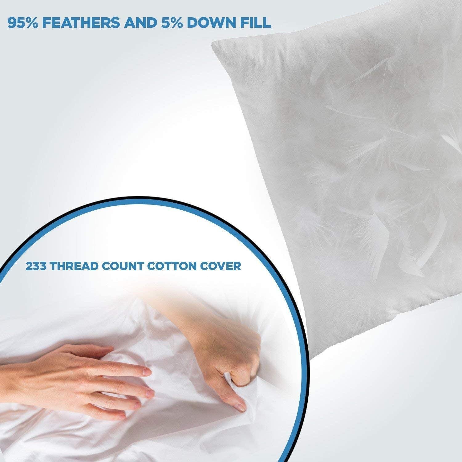 White pillow with a hand touching it, highlighting feather and down fill composition and cotton cover details.
