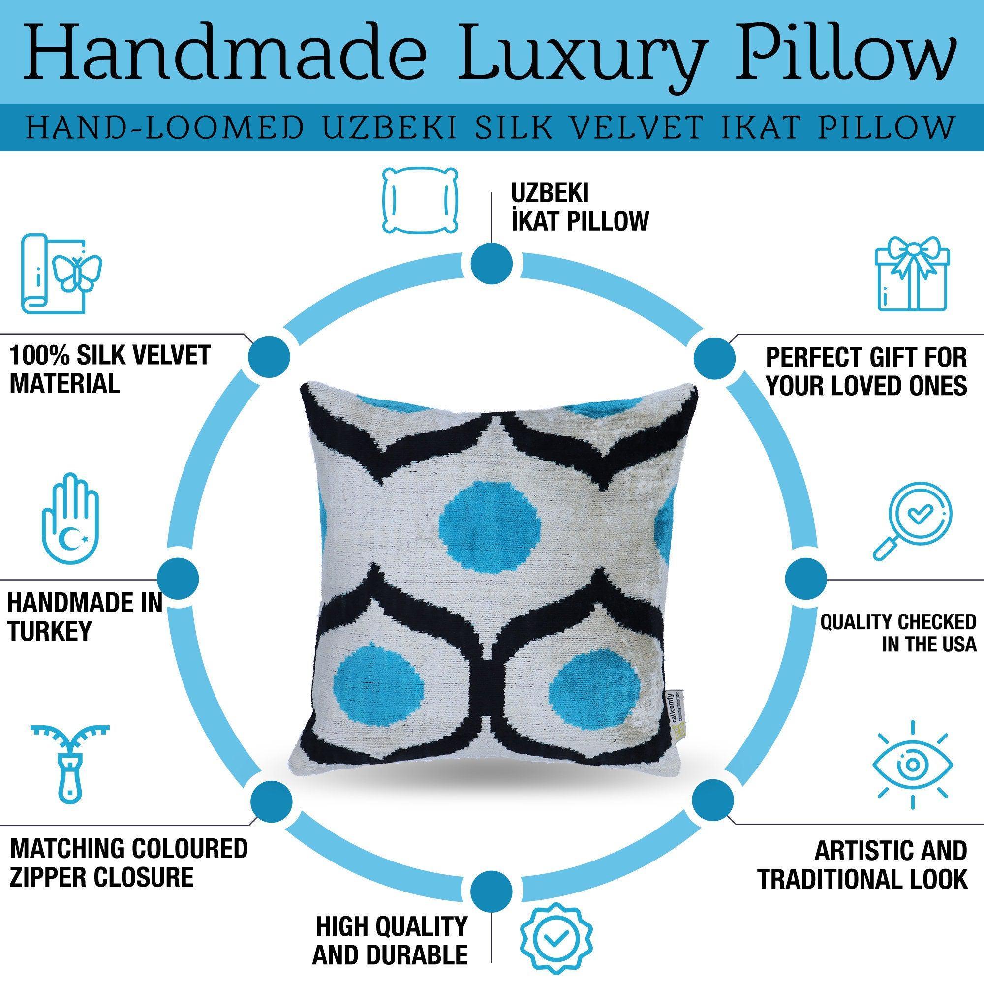 Handmade luxury pillow with blue and black patterns on a white background, surrounded by text highlighting features.