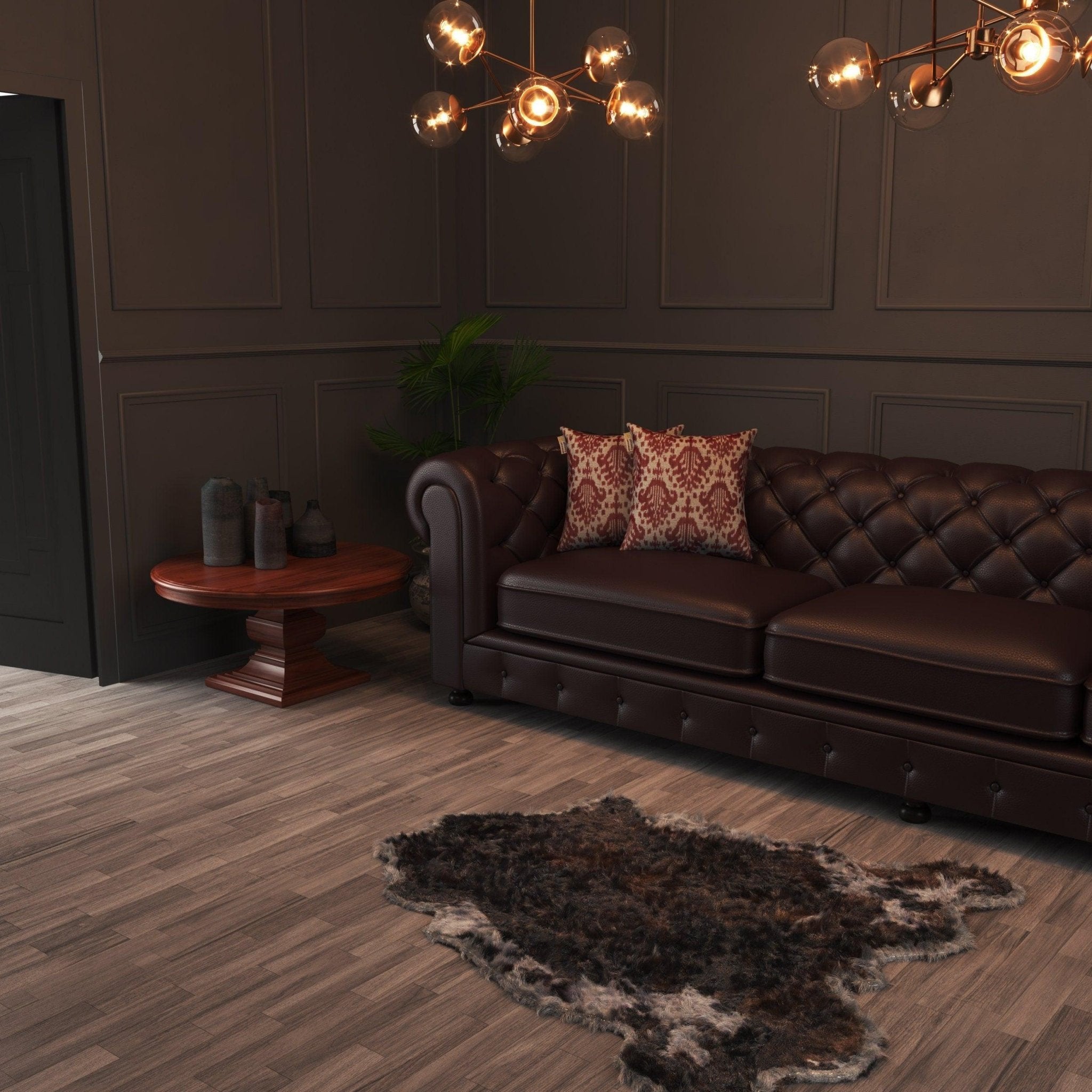 Modern living room with a brown leather sofa, decorative pillows, and a wooden side table.