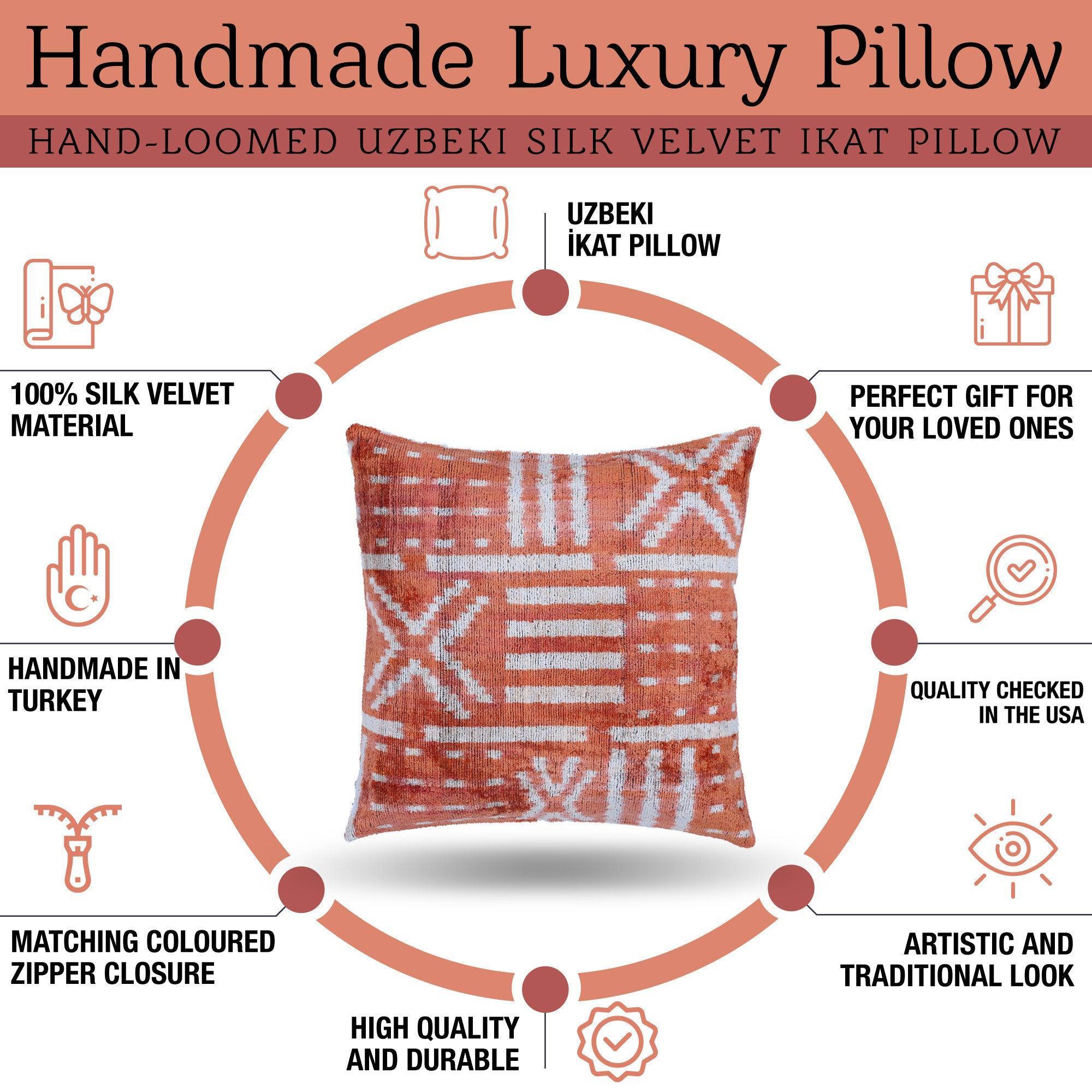 Handmade luxury pillow with Uzbeiki ikat design, featuring text about its features.