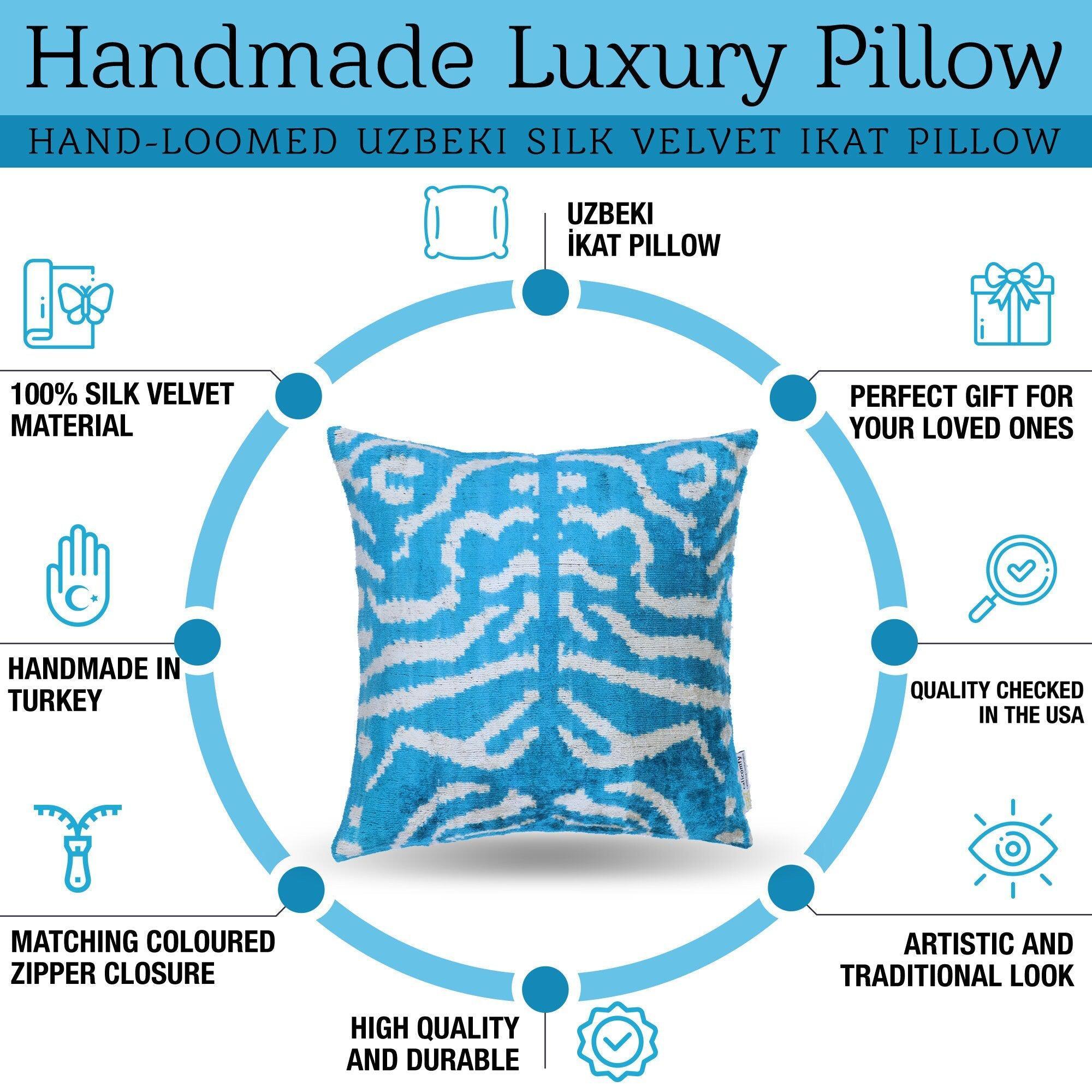 Handmade luxury pillow with blue and white pattern, surrounded by features of the product.