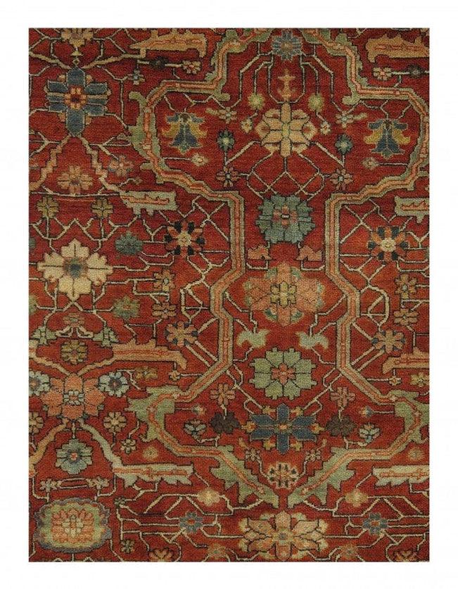 Decorative rug with intricate pattern on a red background