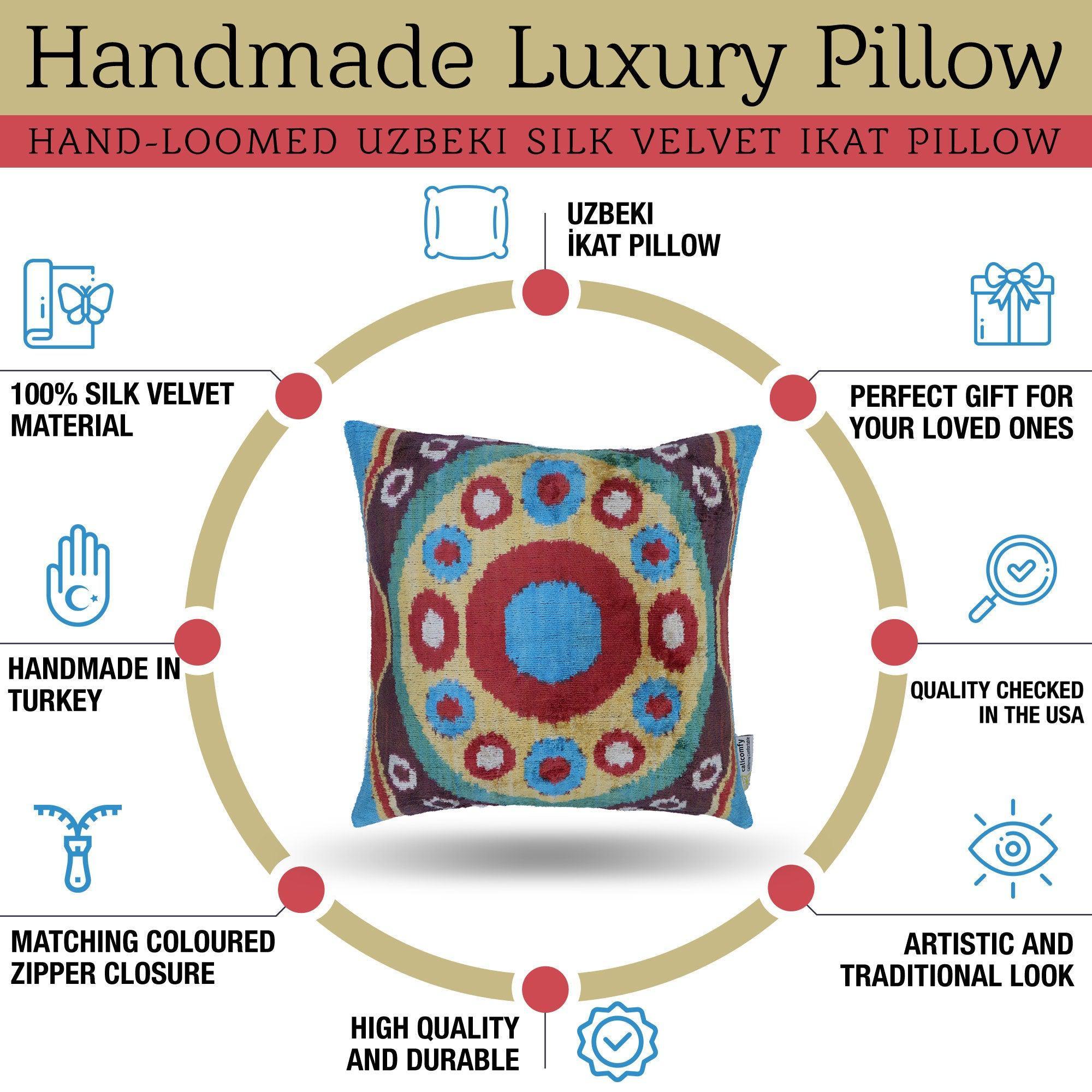 Handmade luxury pillow with colorful design, surrounded by features of the product.