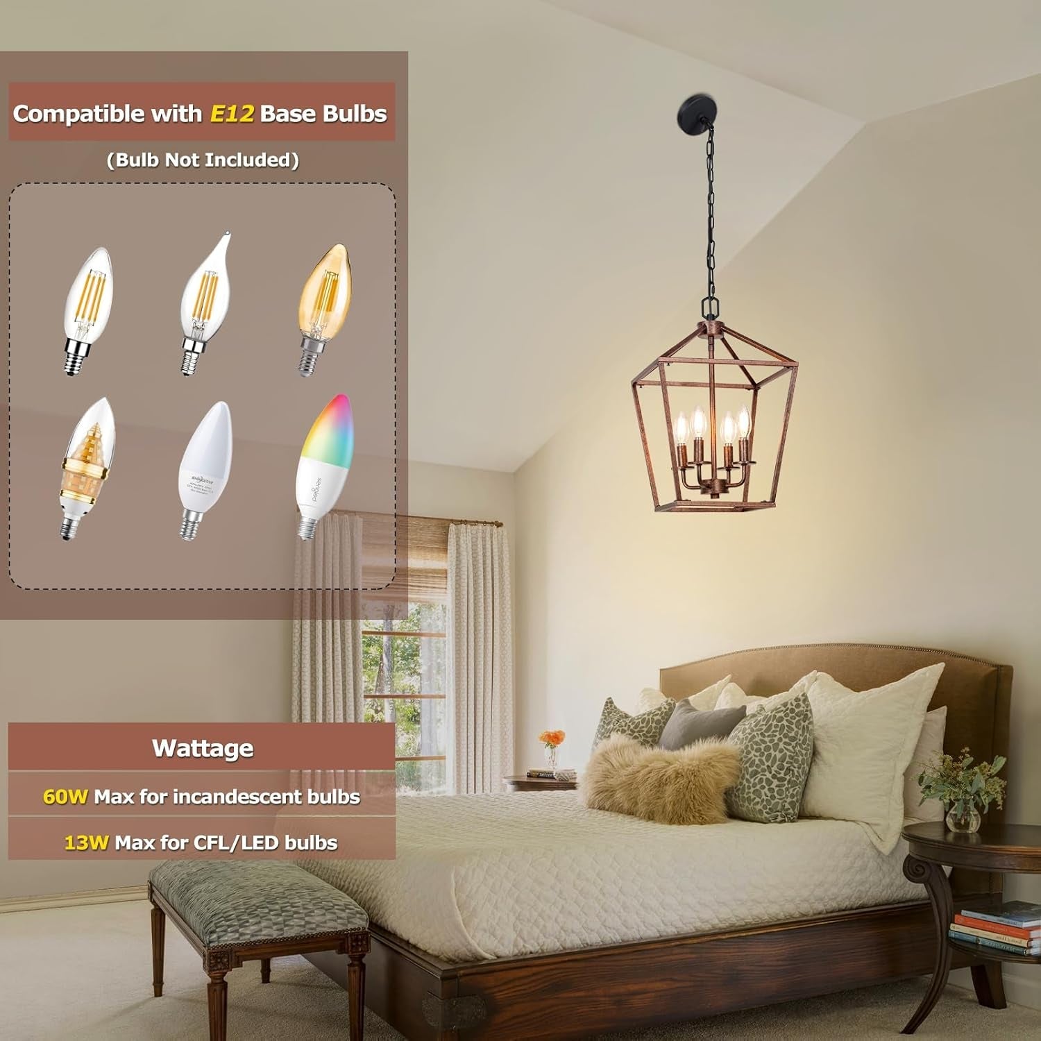 Bedroom with a hanging light fixture and compatibility information for bulbs.