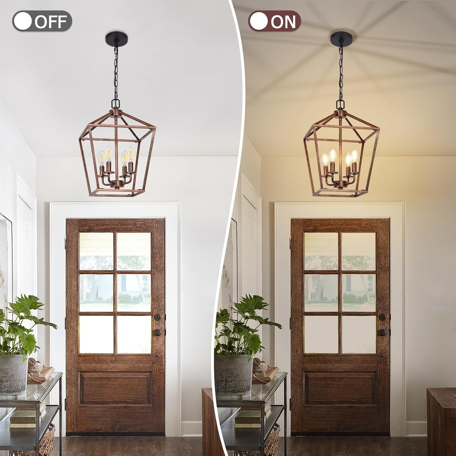 Foyer with wooden door and pendant light, before and after switch on/off comparison.