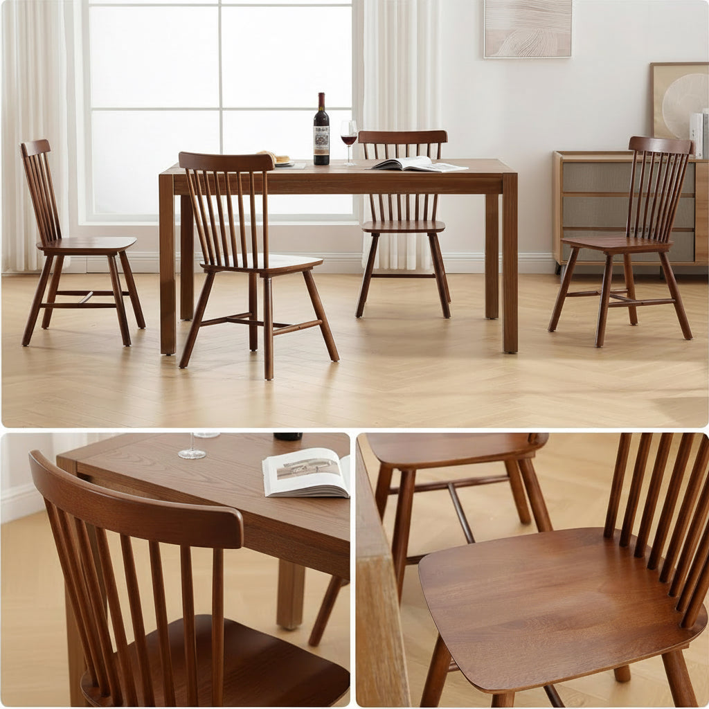 Dining table with chairs in a room with a window, featuring JN Furniture branding.