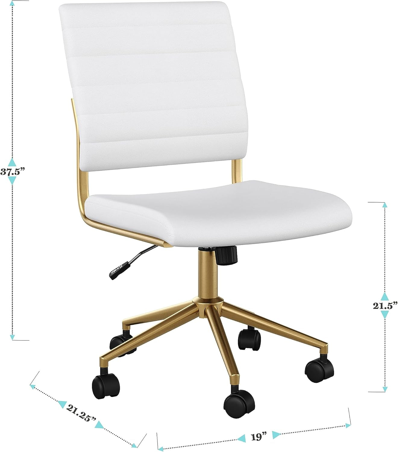White office chair with gold base and dimensions on a white background