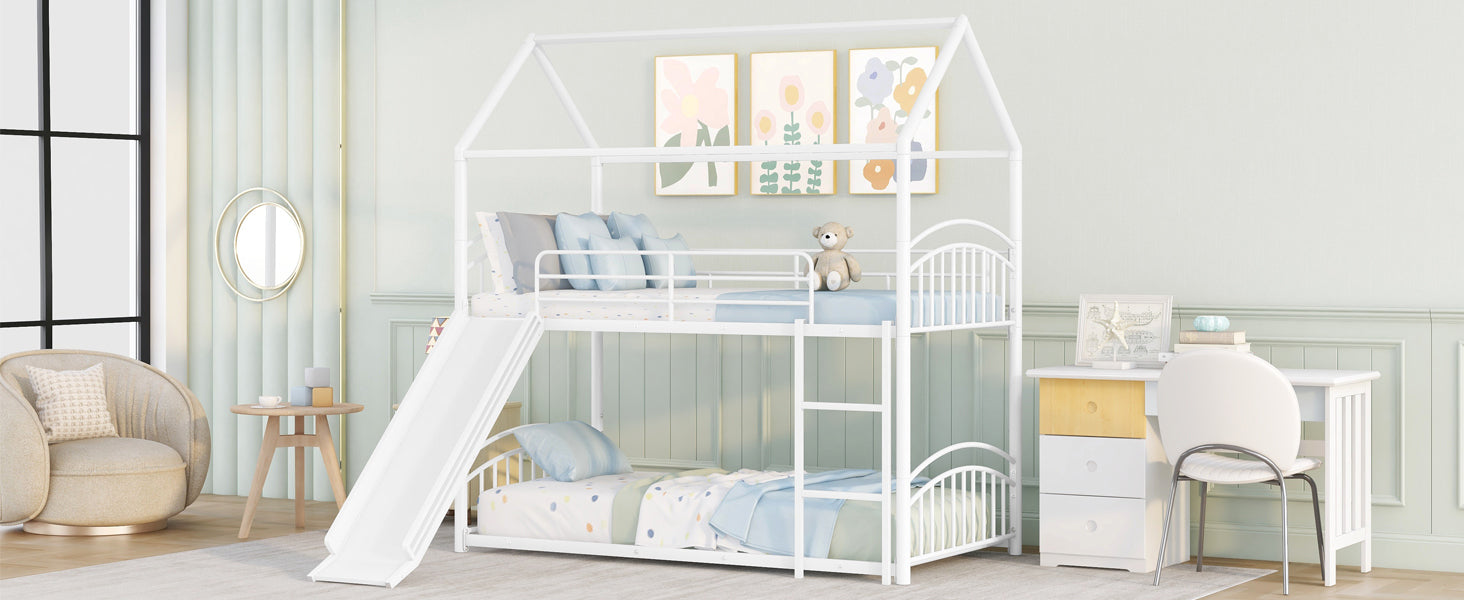 Twin Over Twin Metal Bunk Bed With Slide, Kids House Bed