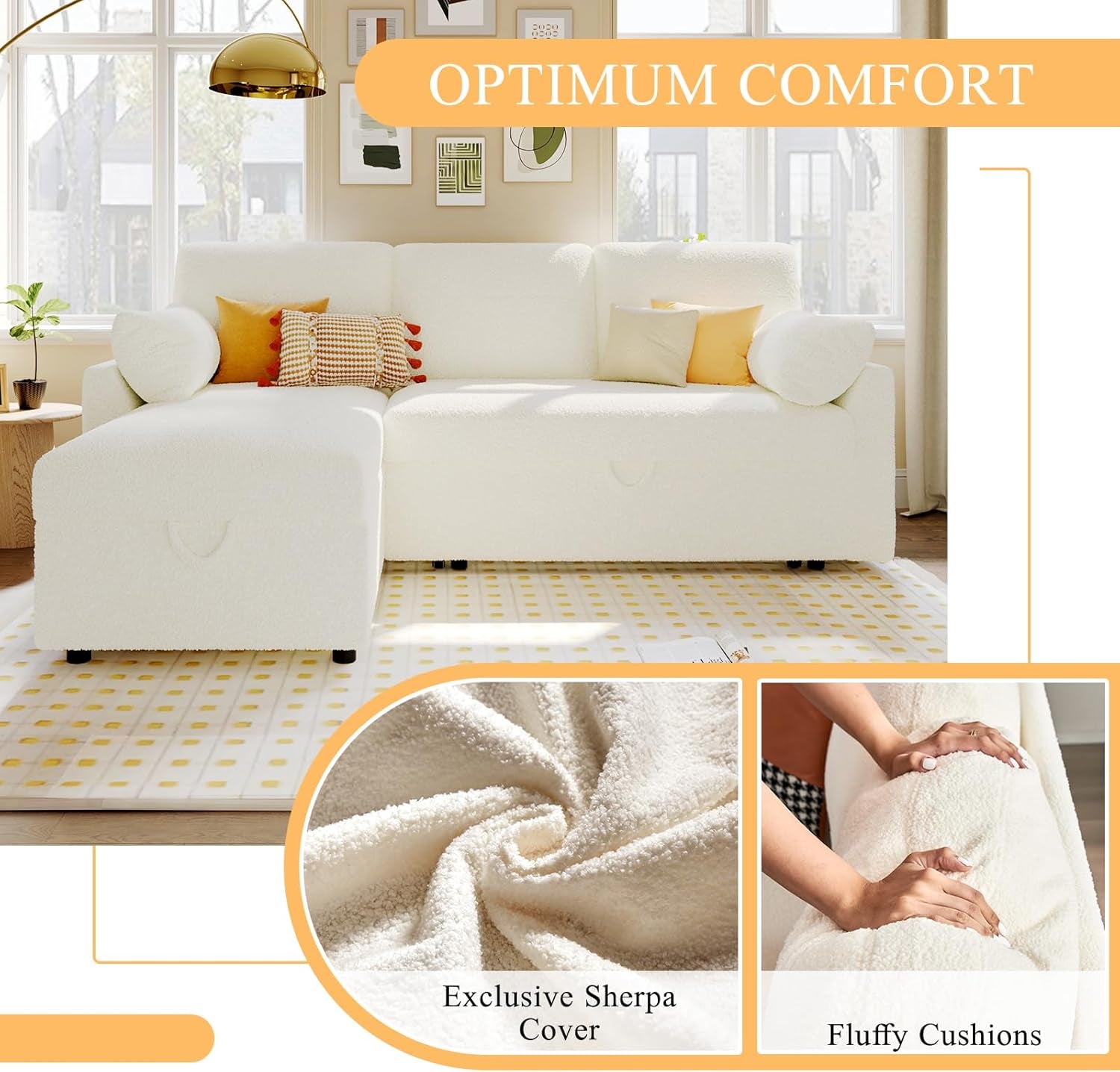 White sectional sofa with yellow and striped cushions in a living room setting, featuring text 'Optimum Comfort' and close-ups of Sherpa cover and fluffy cushions.