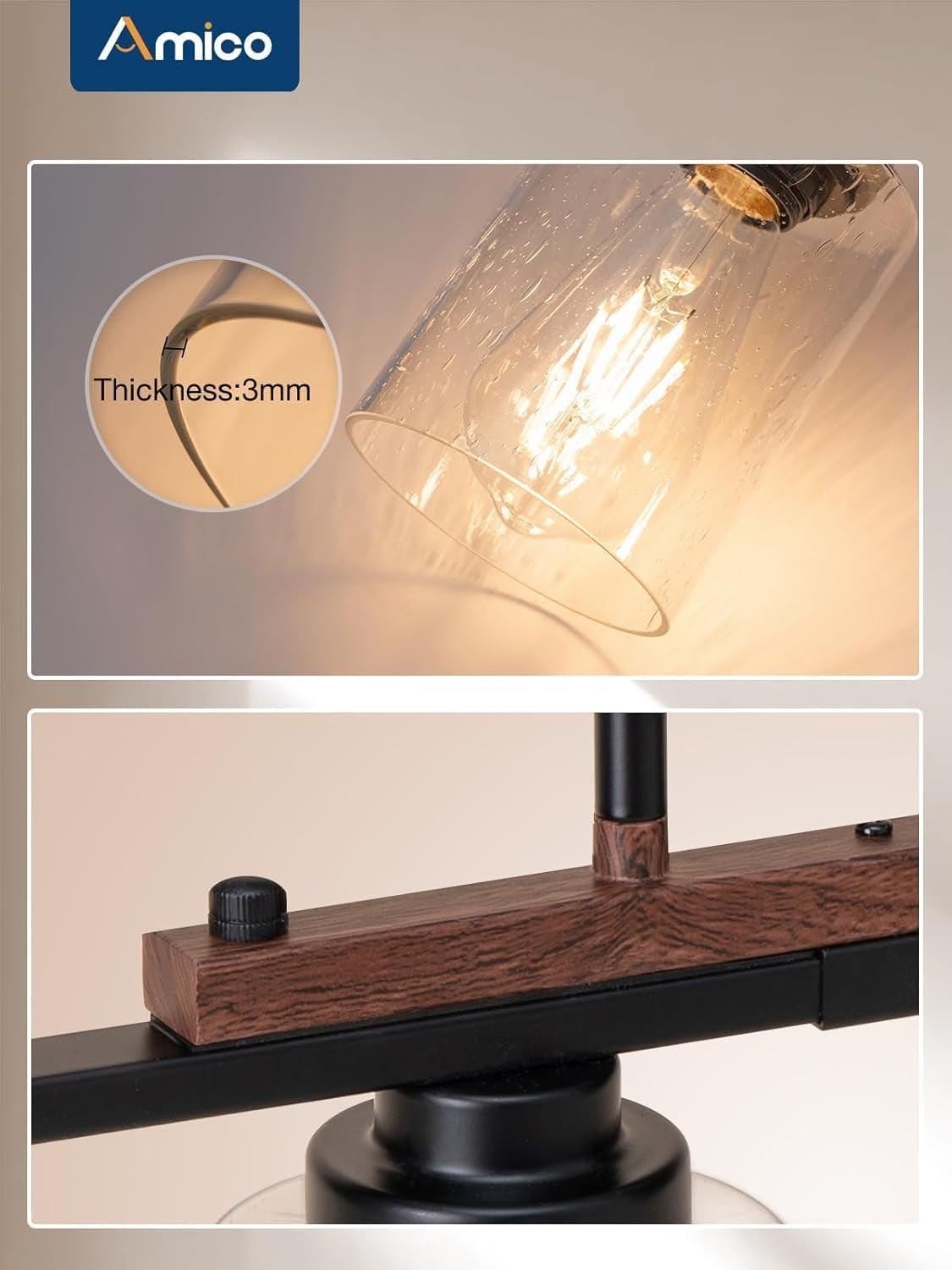 Light bulb with clear glass shade and wooden base, featuring Amico branding.