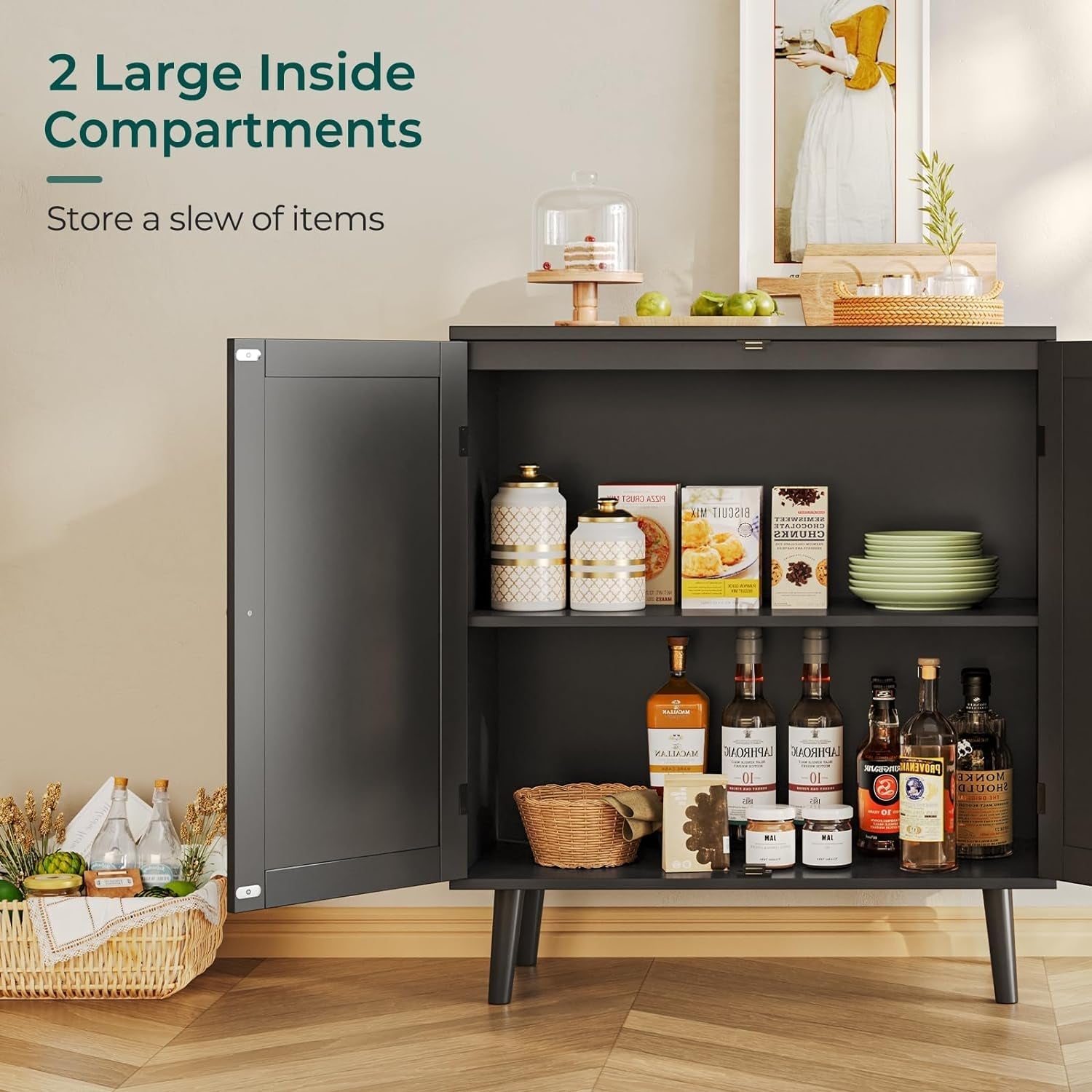 Black storage cabinet with open door displaying various items on shelves.