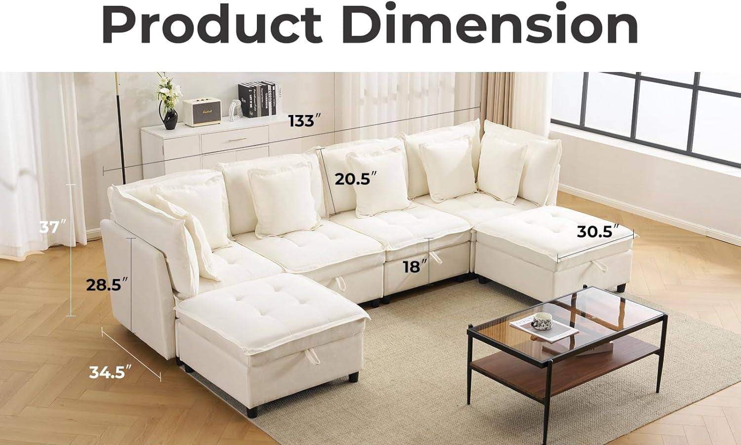 White sectional sofa with dimensions labeled in a living room setting