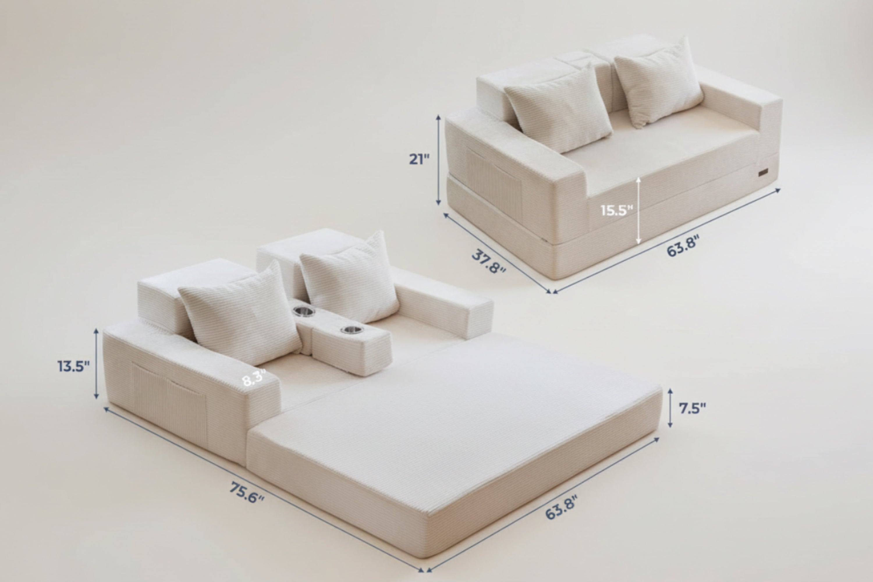 Beige Foldable Convertible Sleeper Sofa With CupHolders-1