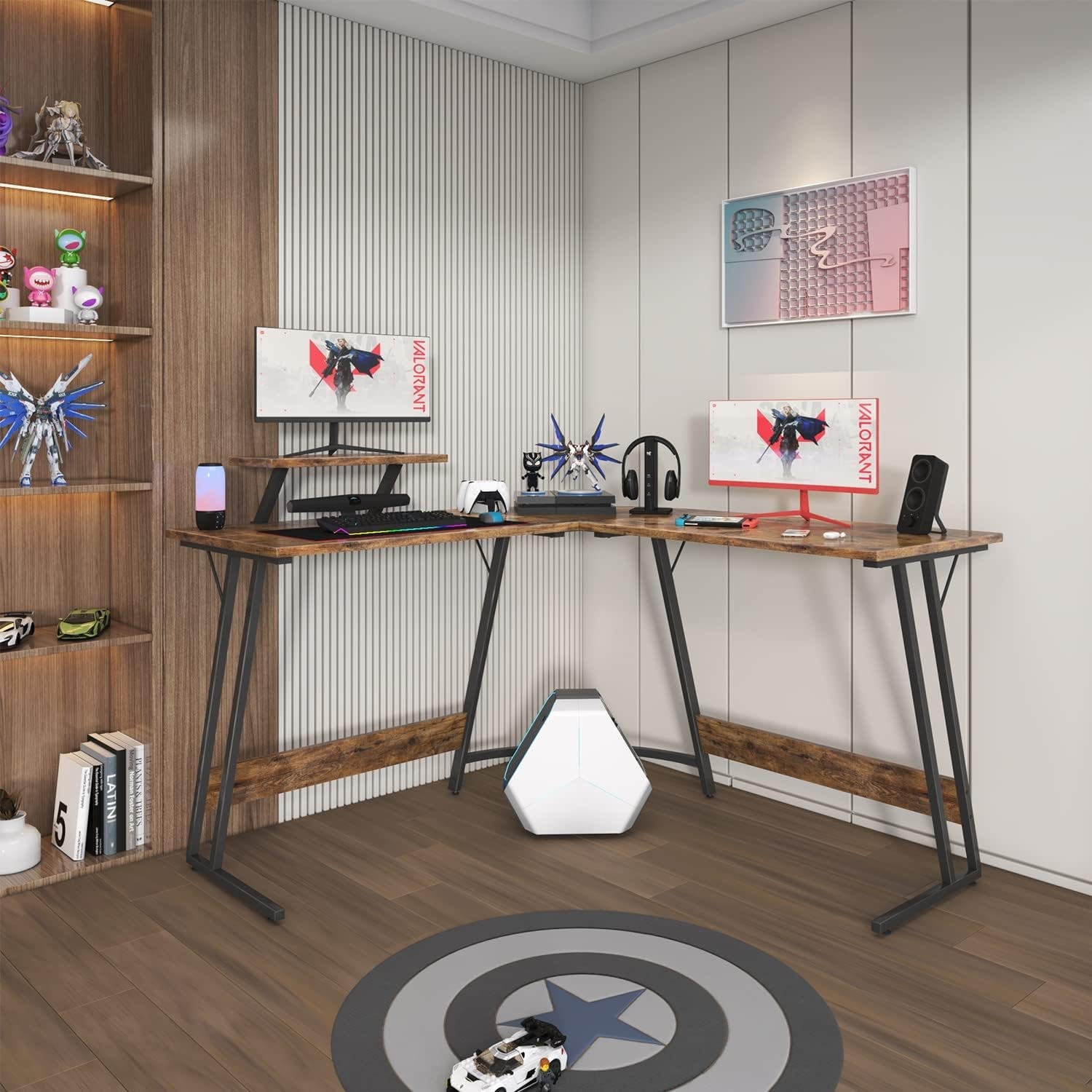 Modern home office with a wooden desk, computer setup, and shelves.