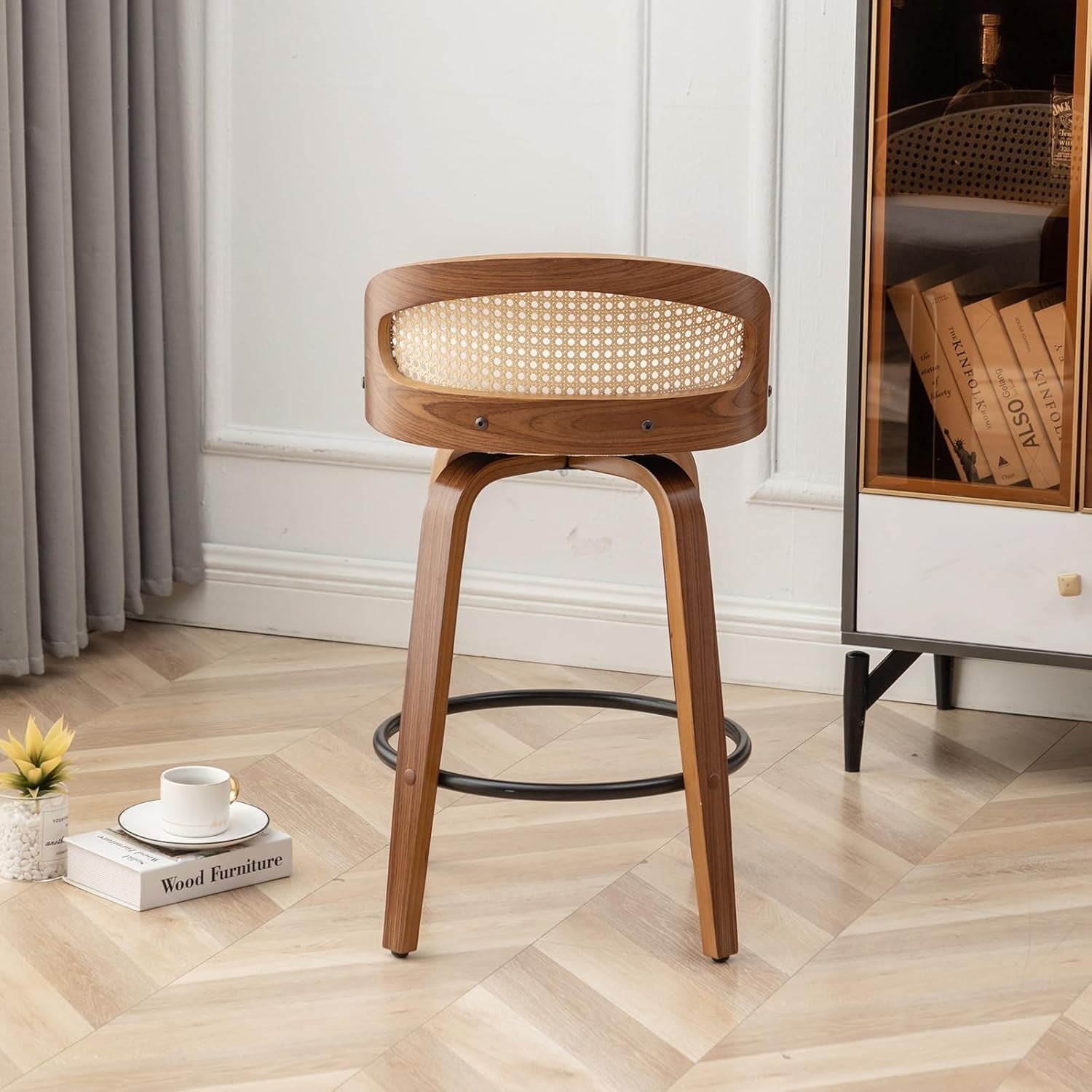 Wooden stool with wicker seat in a room setting