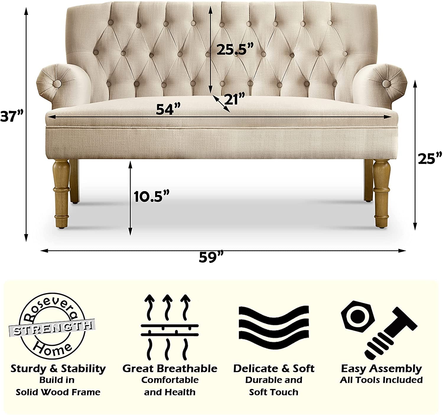 Beige tufted bench with dimensions and features listed below it.