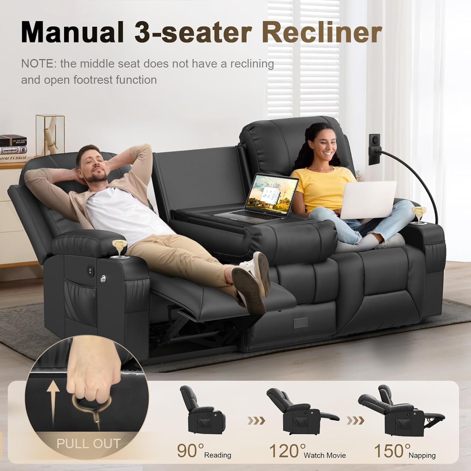 Manual 3-seater recliner sofa with two people using laptops, surrounded by home decor.
