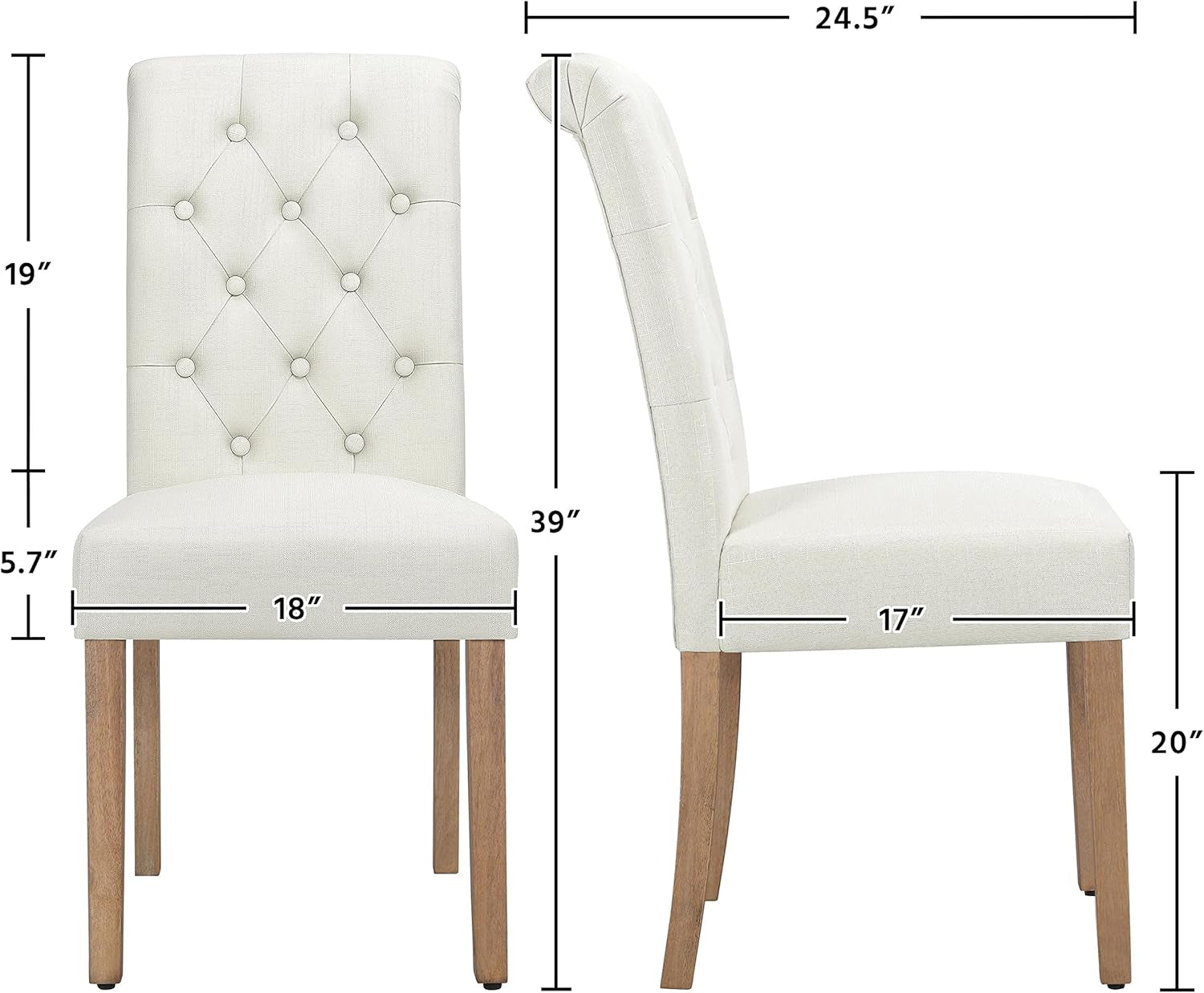 White upholstered chair with dimensions labeled on a white background