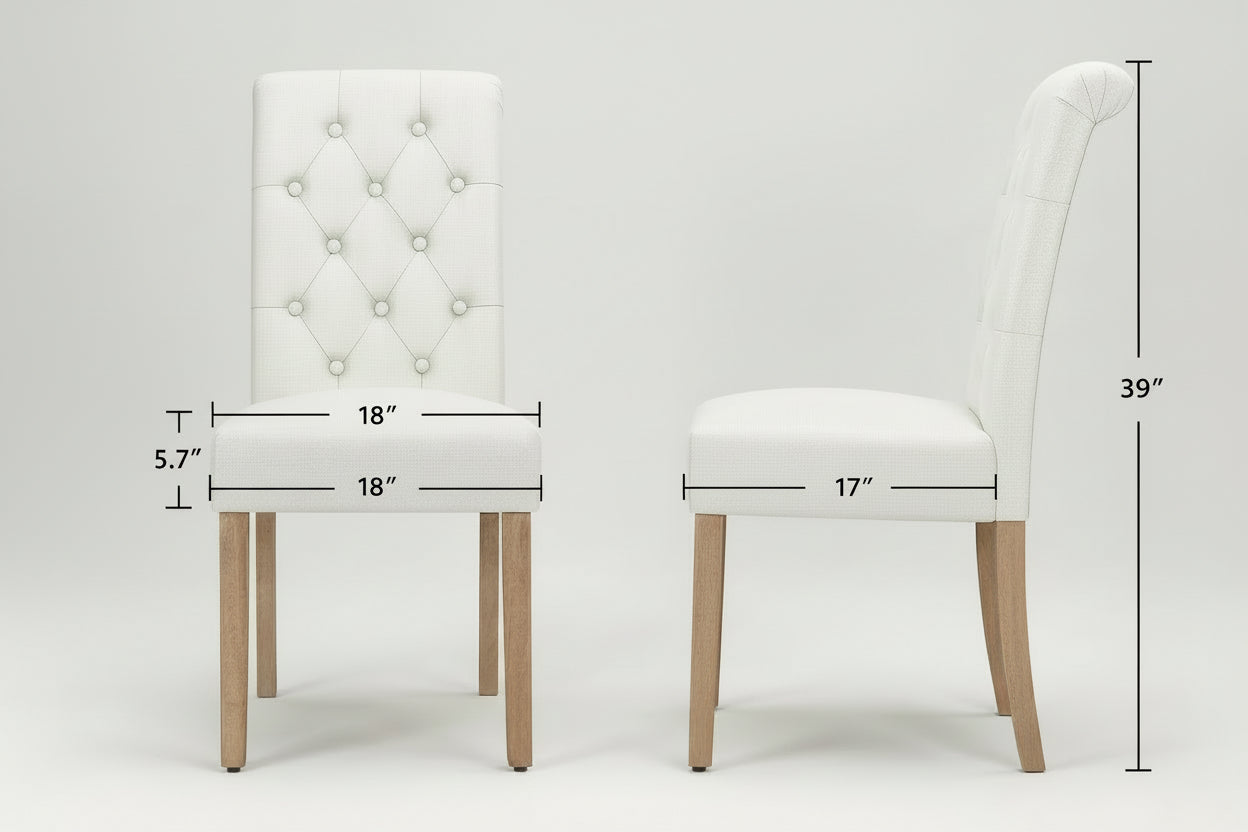 White upholstered chair with dimensions labeled on a white background