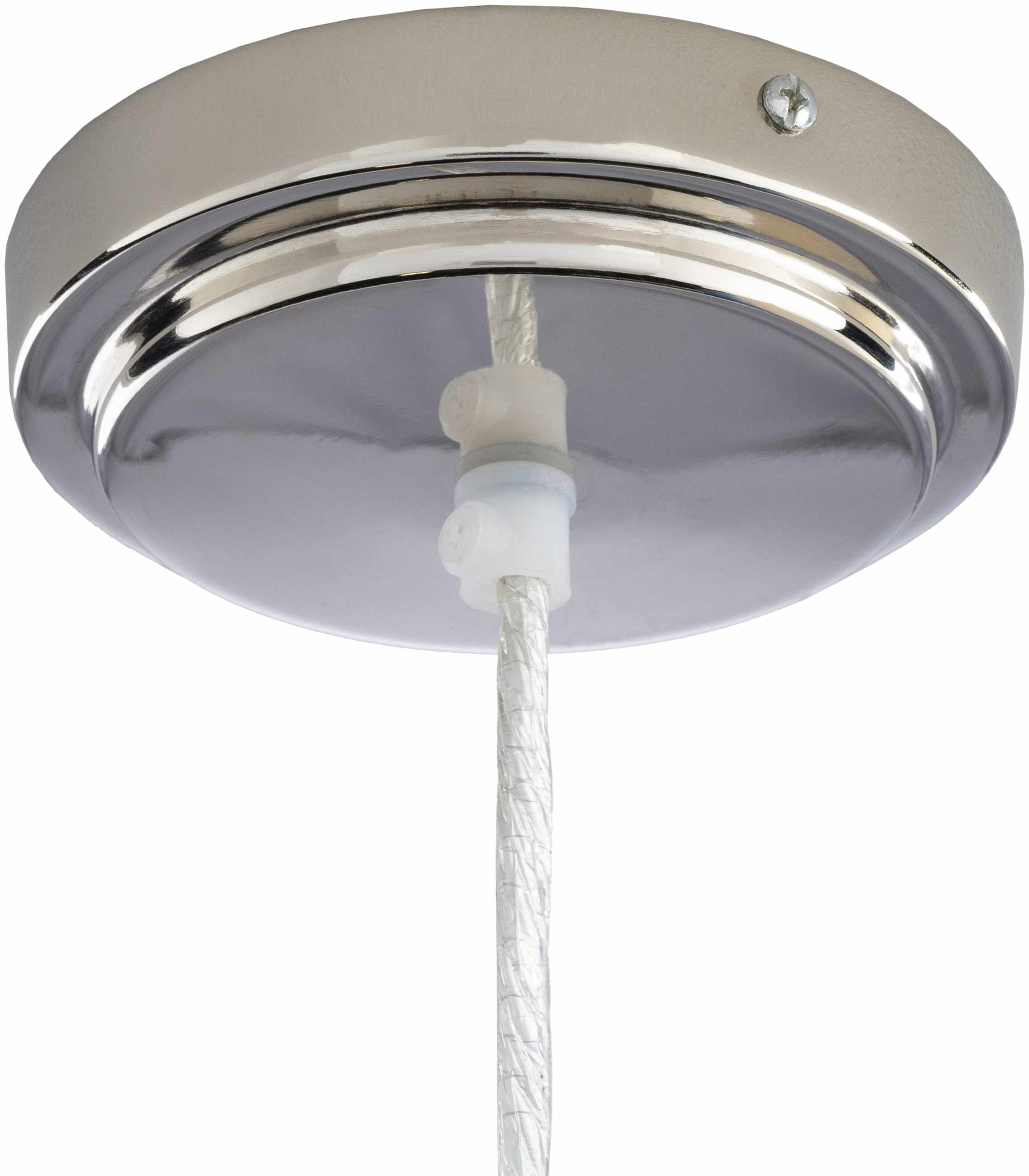 Chrome ceiling rose with white cable on a white background