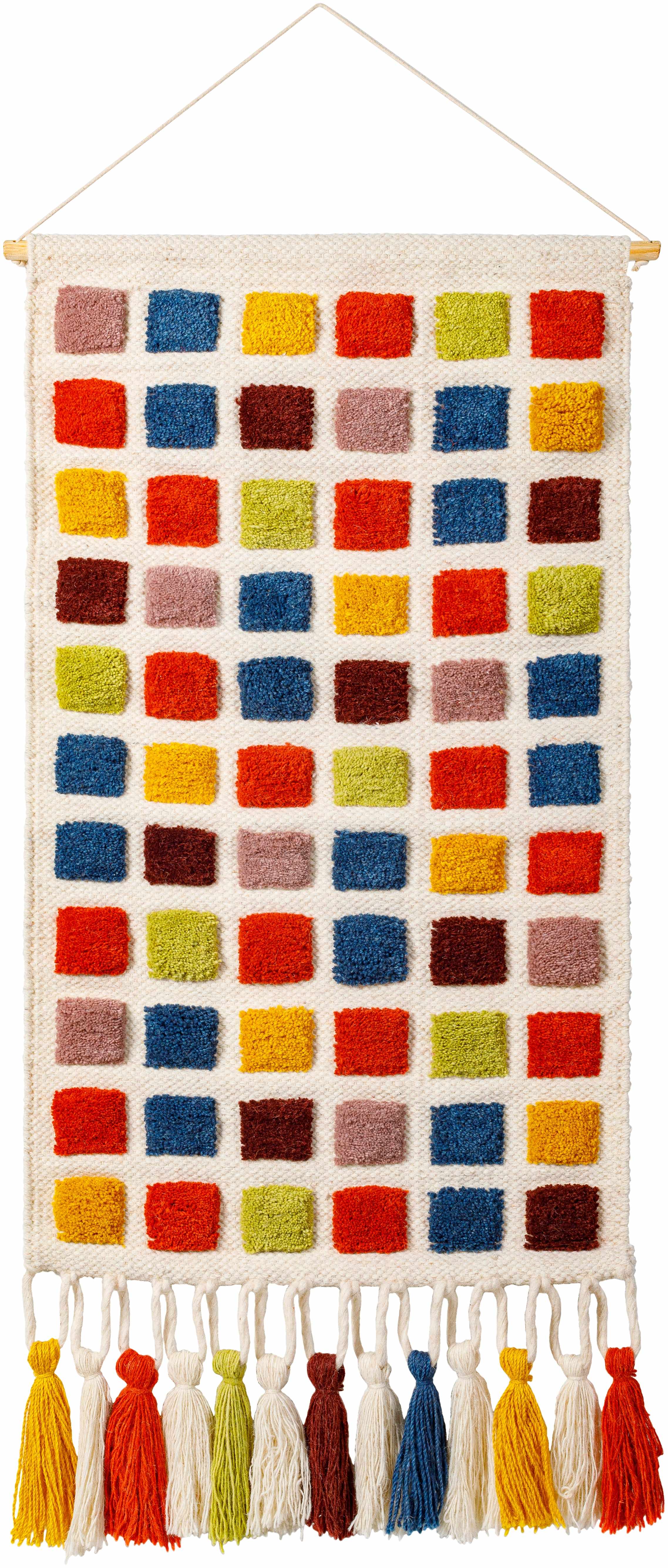 Colorful woven wall hanging with square patterns and tassels on a white background