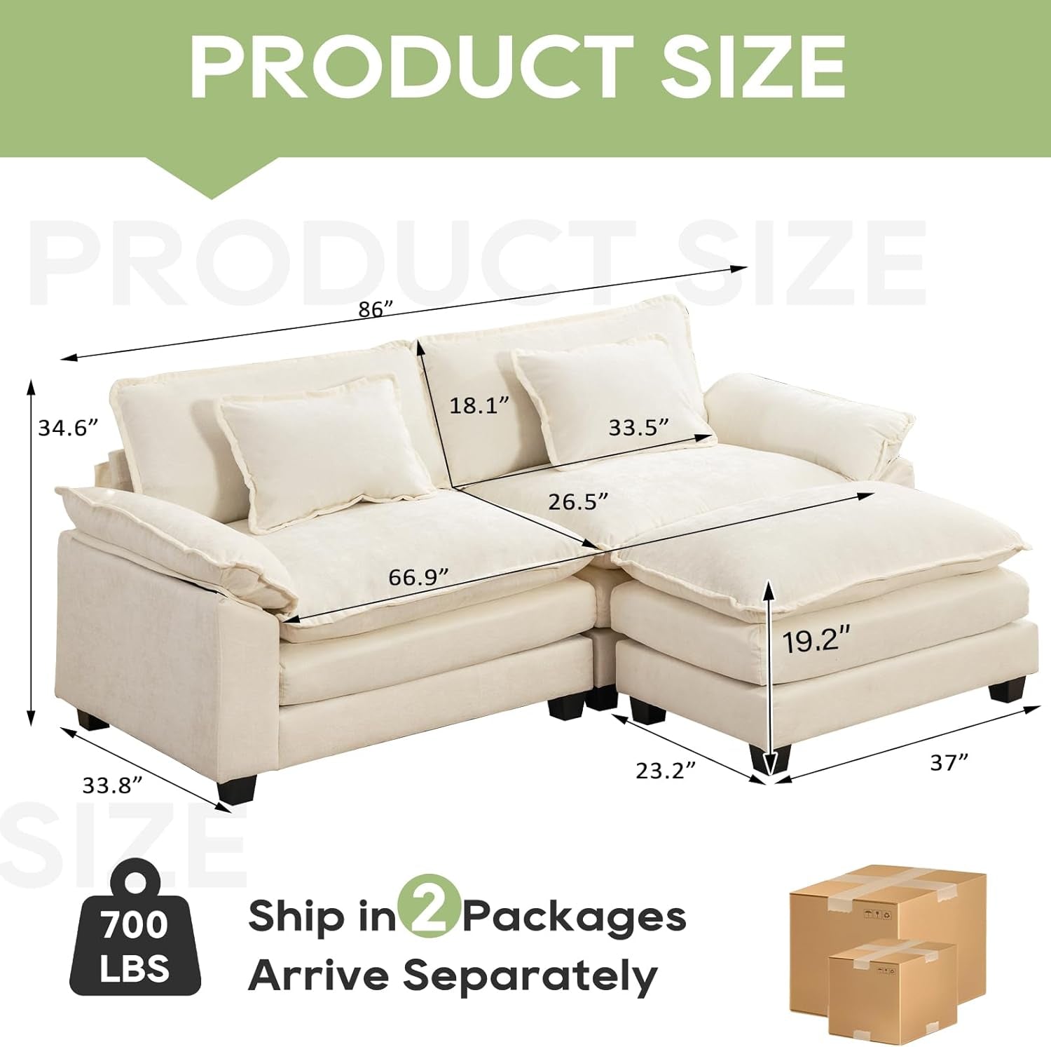 Beige sectional sofa with dimensions and weight information on a white background