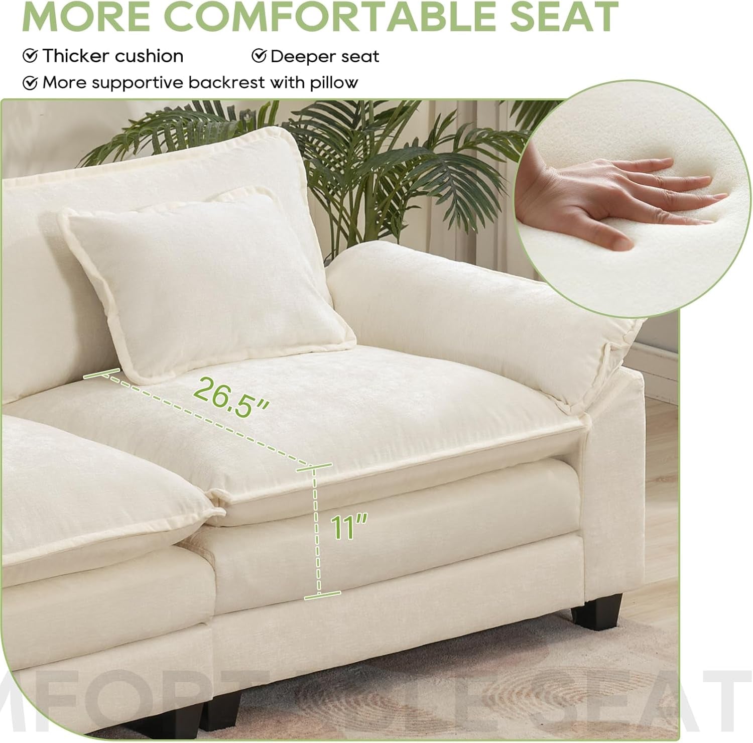 Beige recliner chair with measurements and text highlighting comfort features, indoor setting.