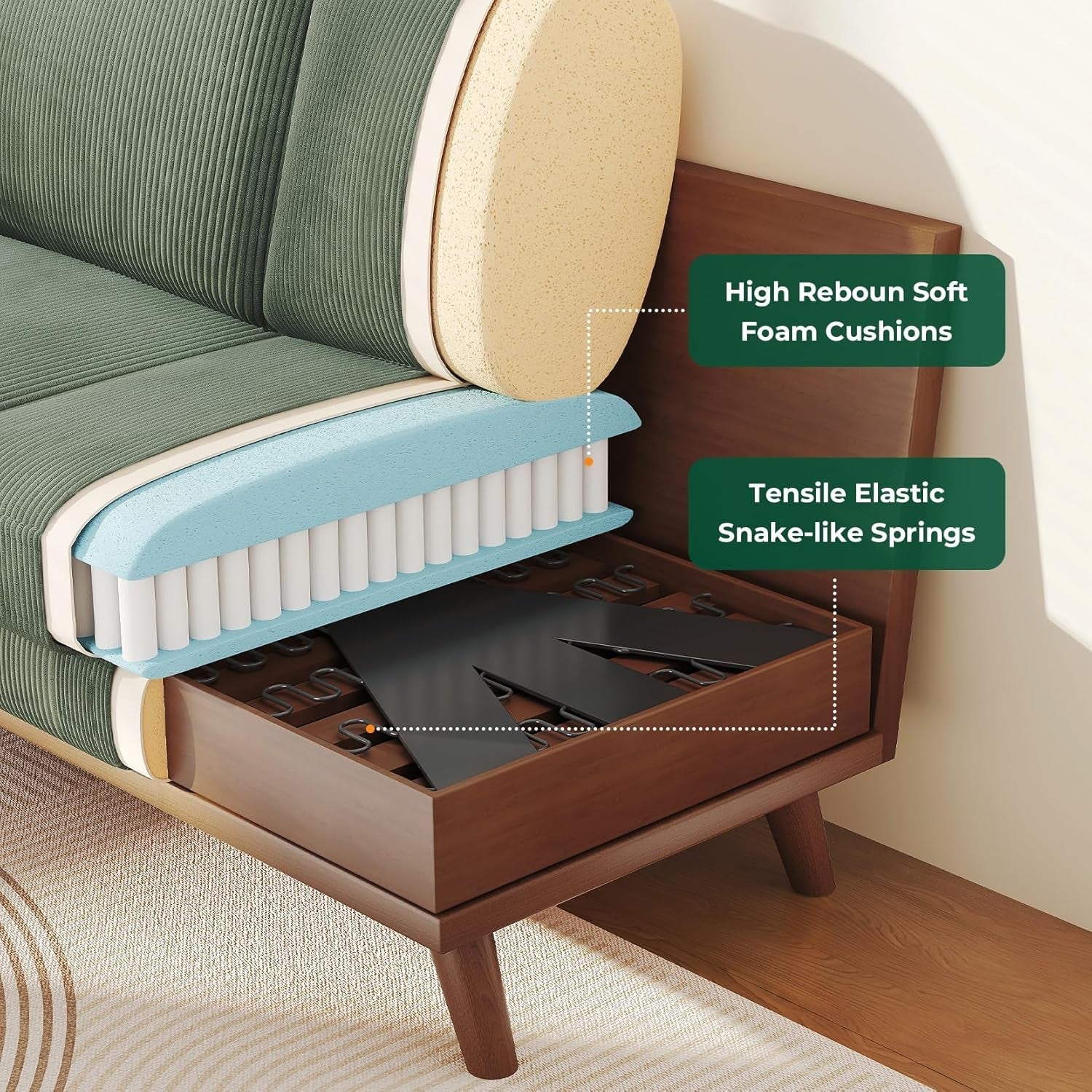 Sofa with visible foam cushions and springs, labeled 'High Rebound Soft Foam Cushions' and 'Tensile Elastic Snake-like Springs'.