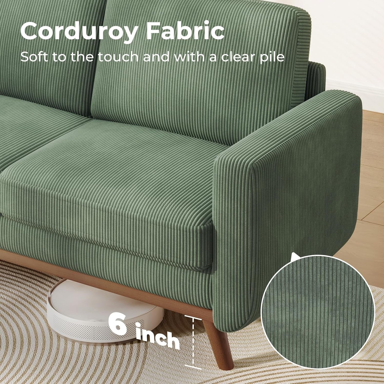 Green corduroy fabric sofa with close-up detail on texture and pile height.