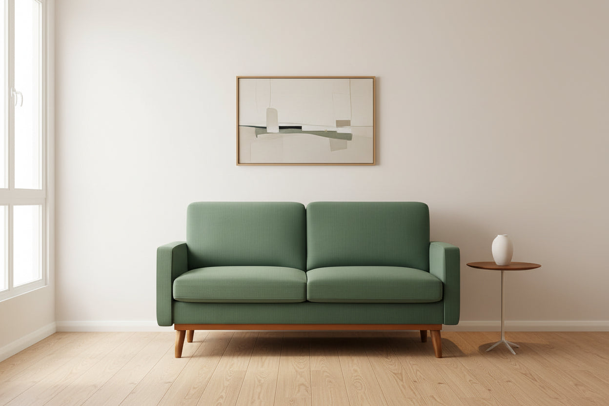 Green sofa in a room with beige walls and wooden floor.