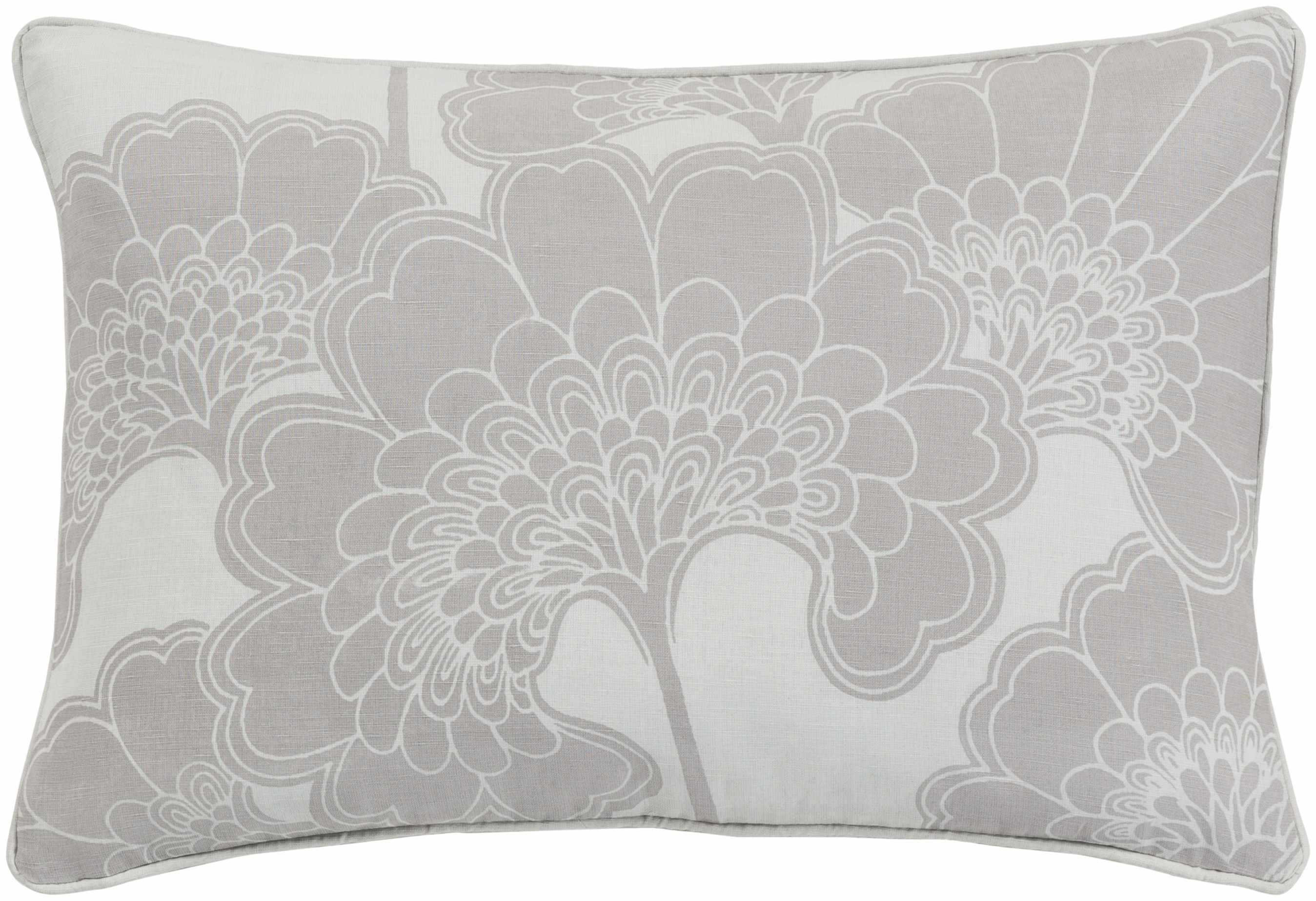 Floral patterned pillow with gray and white colors on a plain background
