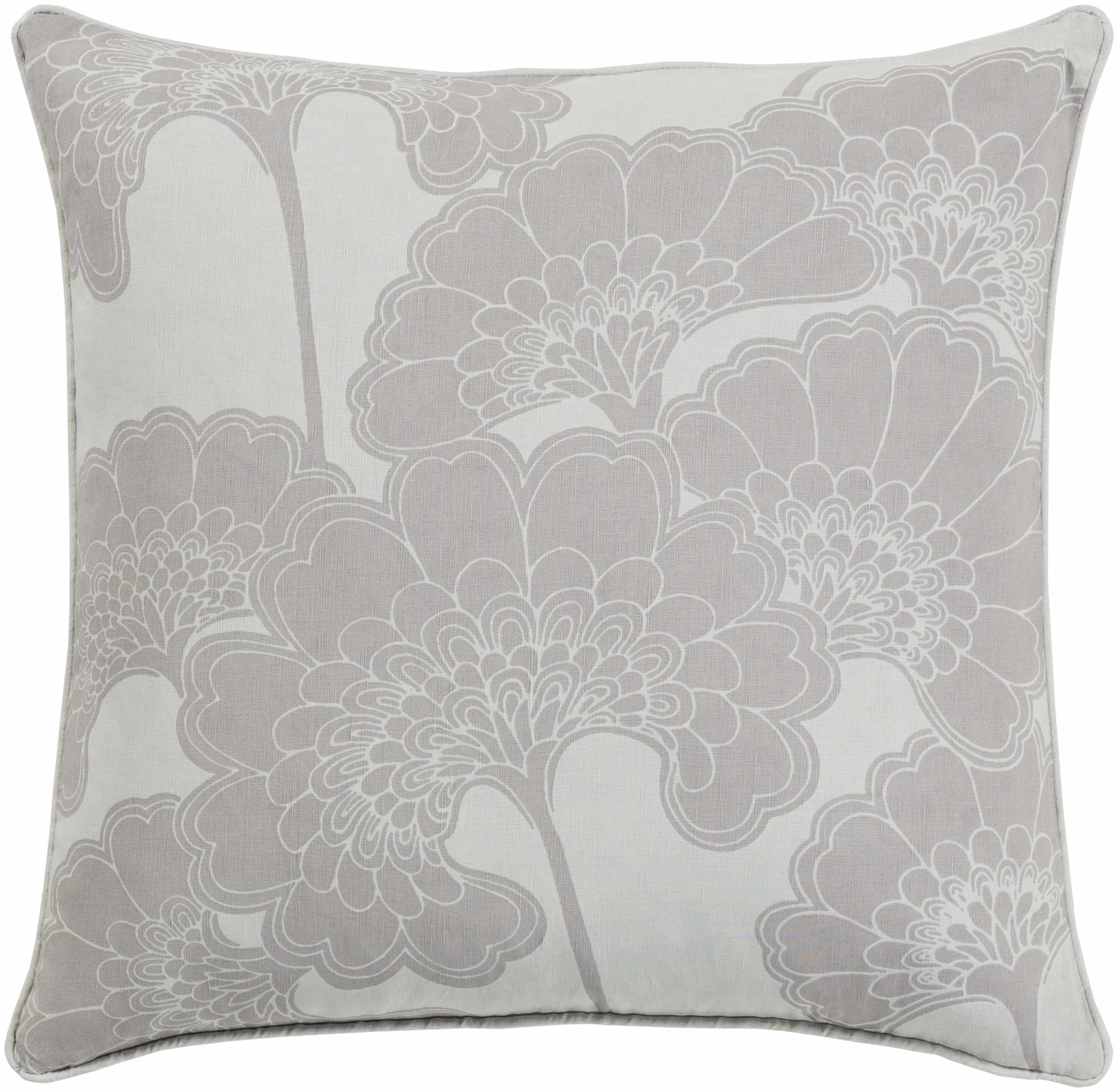 Floral patterned pillow with gray flowers on a white background