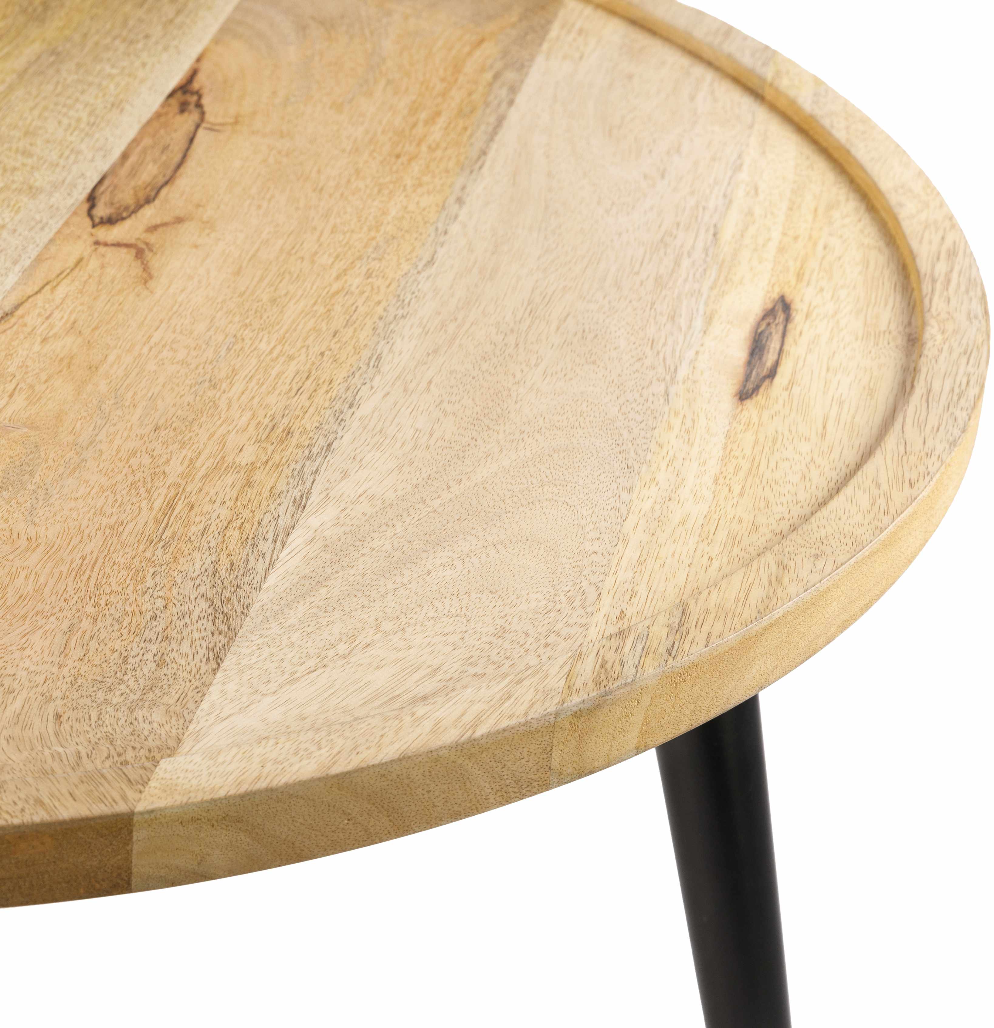 Round wooden table with a natural finish on a white background